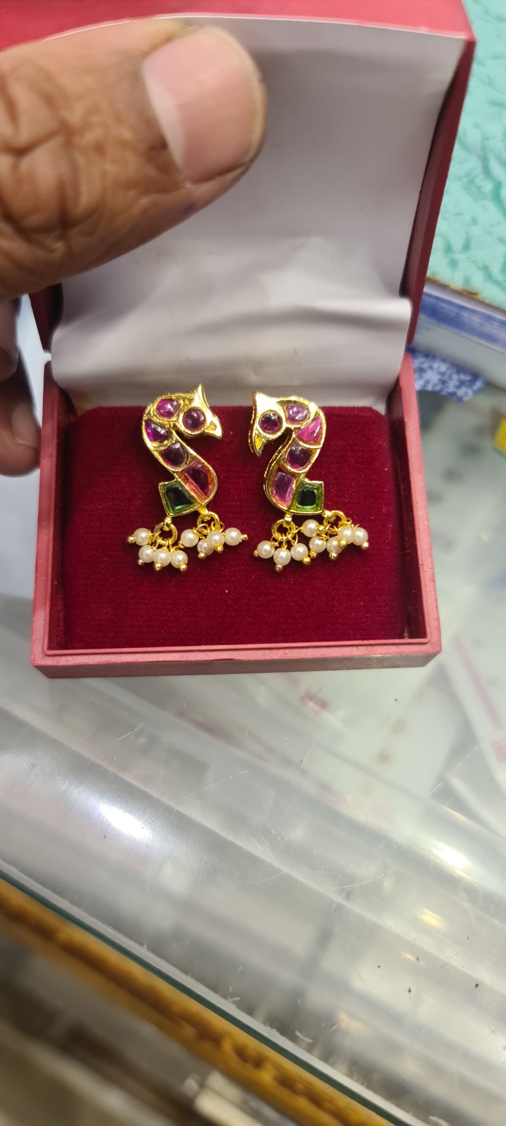 Kempu Parrot Stud Earrings with Pearl Drops | 24K Gold Plated