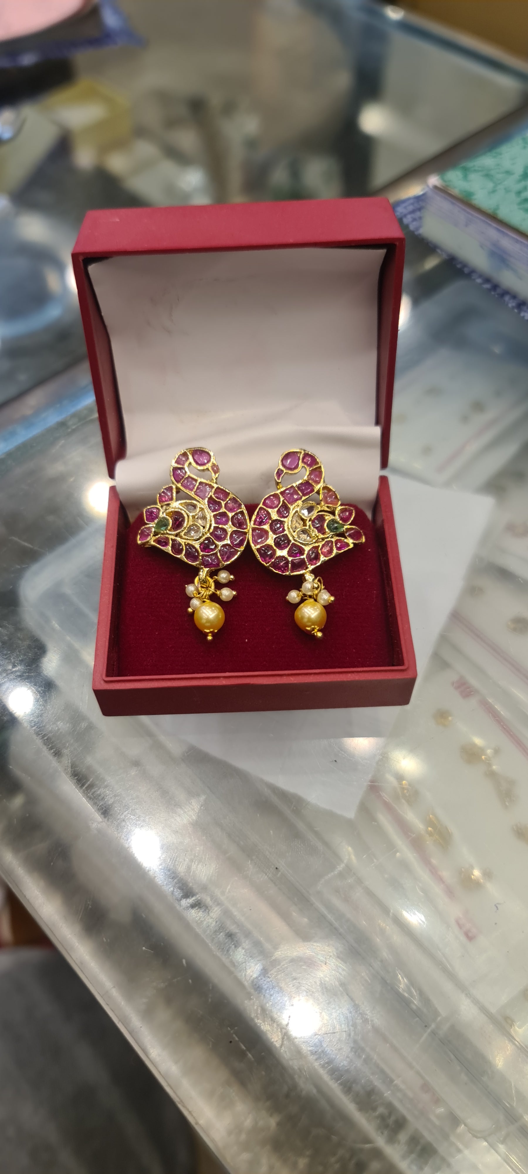 Kempu Crescent Stud Earrings with Golden Pearl Drop | 24K Gold Plated