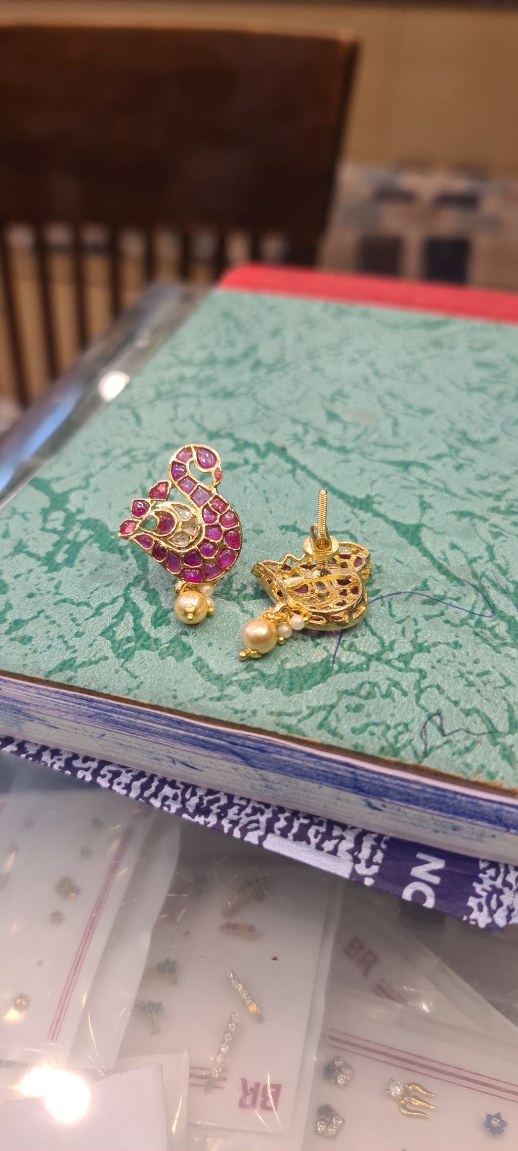 Kempu Crescent Stud Earrings with Golden Pearl Drop | 24K Gold Plated