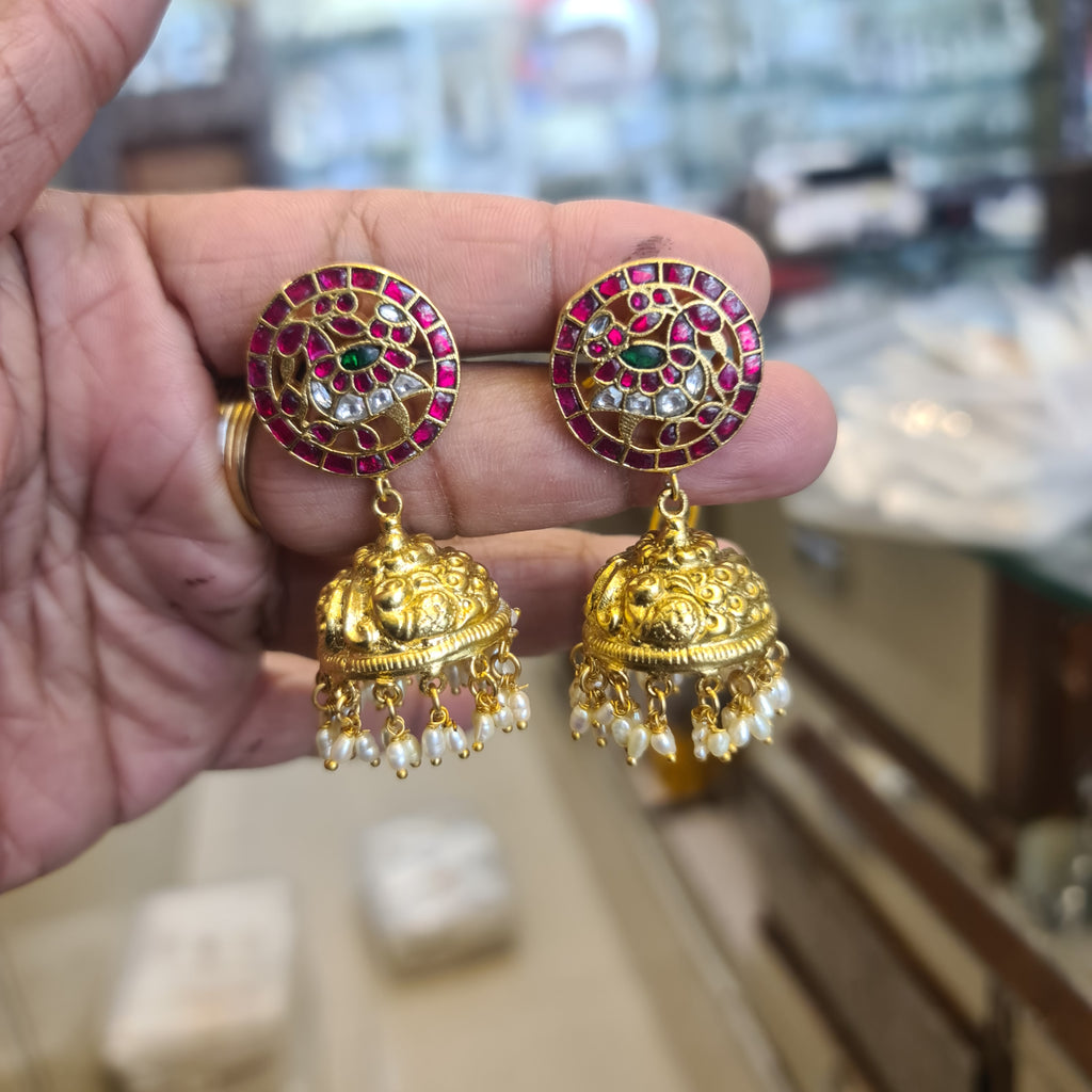 Jadau Kundan Kempu Jhumka Earrings - Ruby Pink & Gold Antique Temple Jewelry