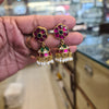 Jadau Kundan Flower Jhumka Earrings - Ruby Pink & Emerald Green with Pearl Drops