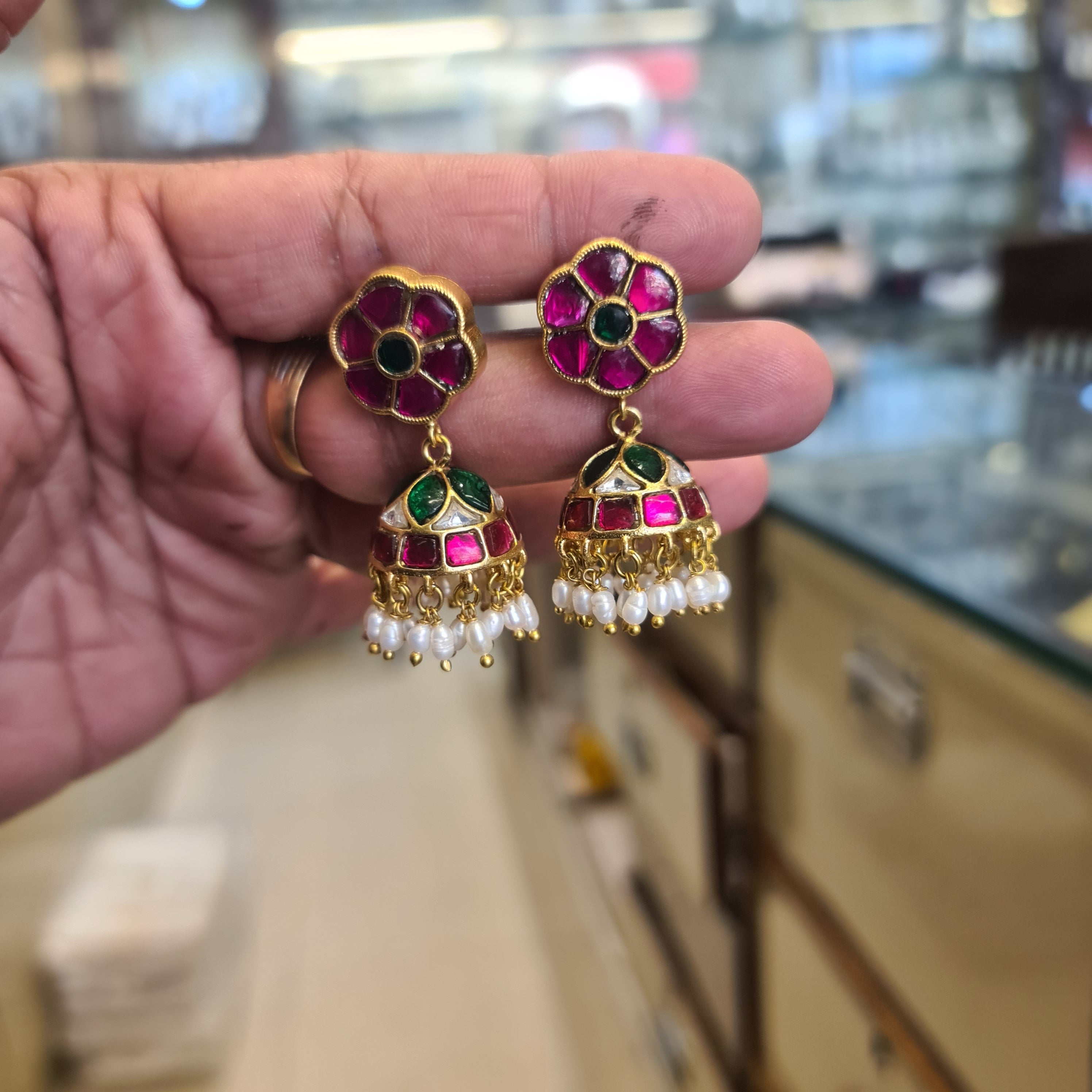 Jadau Kundan Flower Jhumka Earrings - Ruby Pink & Emerald Green with Pearl Drops
