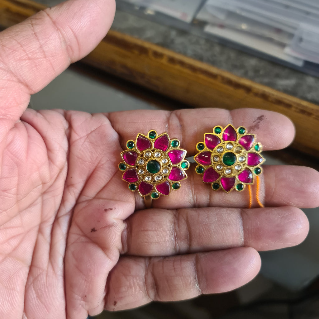 Jadau Kundan Flower Stud Earrings - Ruby Pink Kempu & Emerald Green