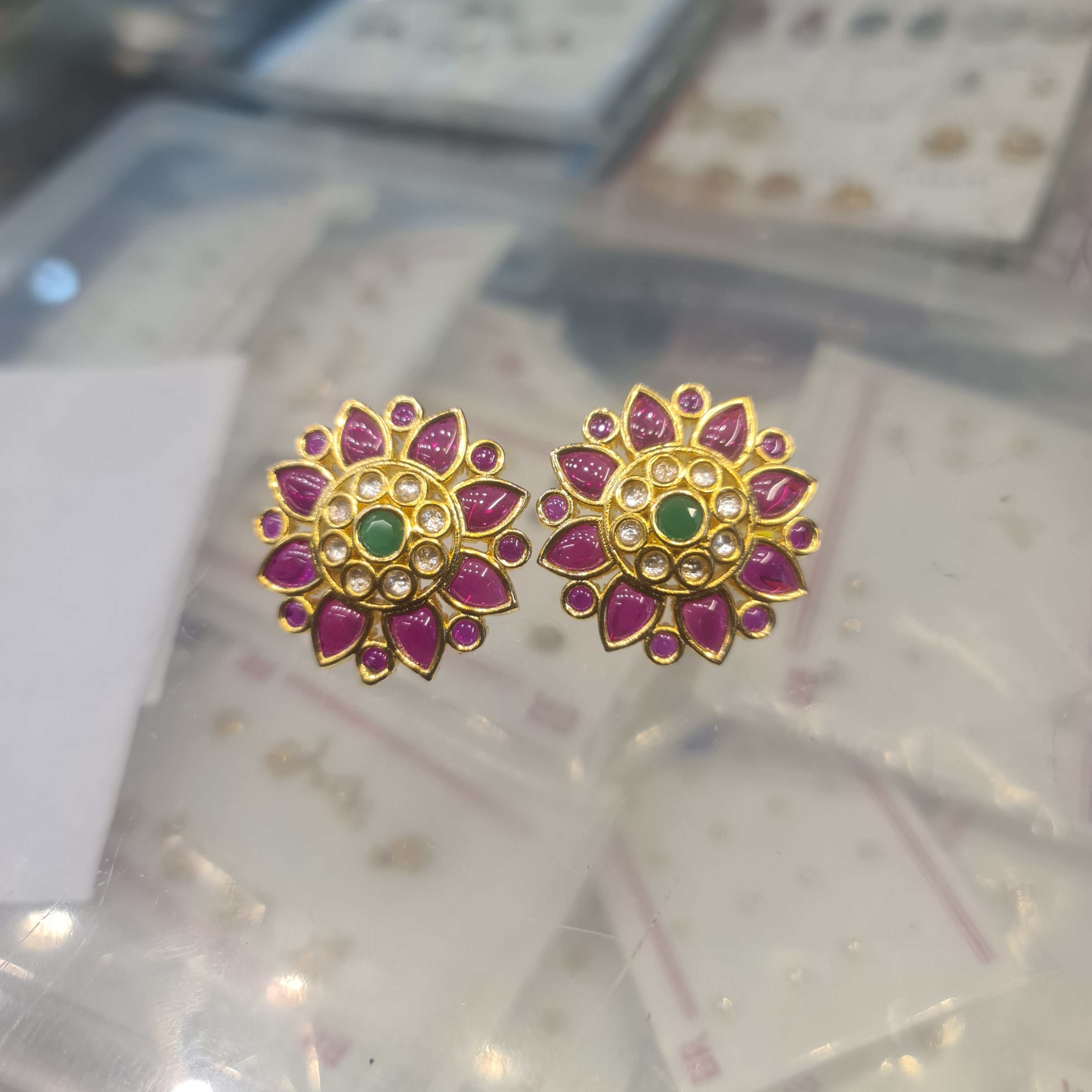Kempu Kundan Floral Stud Earrings - Ruby Pink & Emerald Green Gold Plated