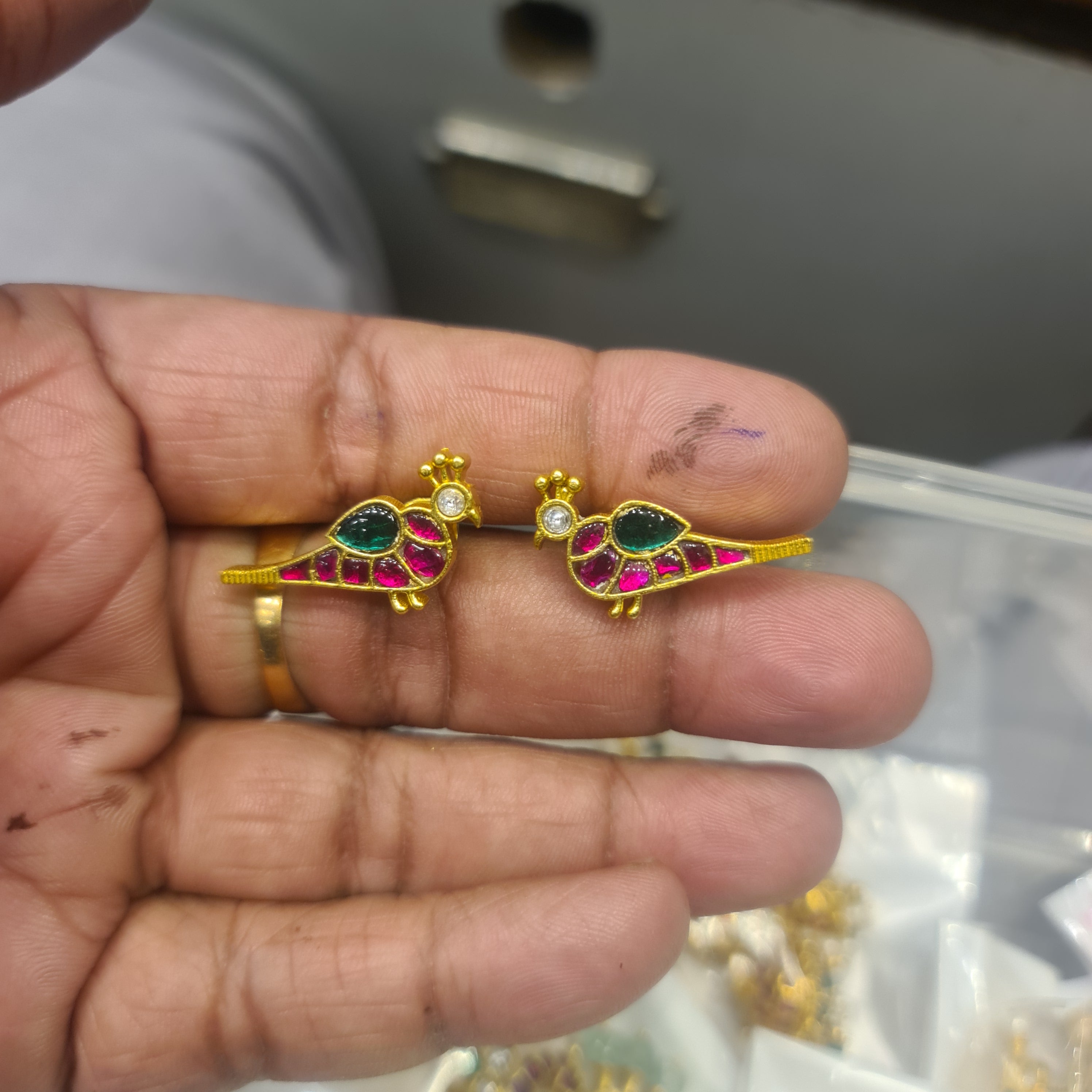 Jadau Kundan Peacock Stud Earrings | Ruby Emerald CZ | Screw Back | Temple Jewellery