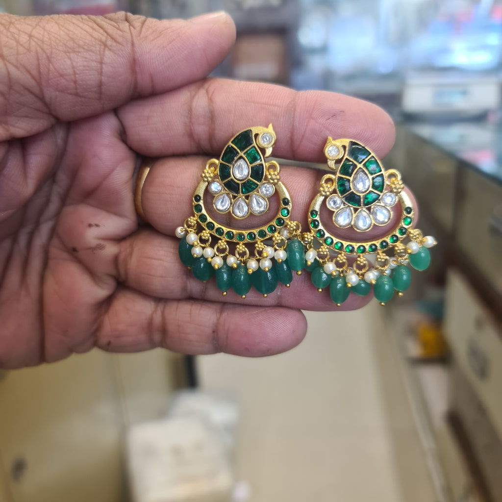 Jadau Kundan Chandbali Earrings | Emerald Green & Polki CZ | Screw Back | 4cm x 2.5cm