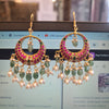 Jadau Kundan Chandbali Dangler Earrings | Ruby Pink & Emerald | Jade Pearl Drops | 8cm