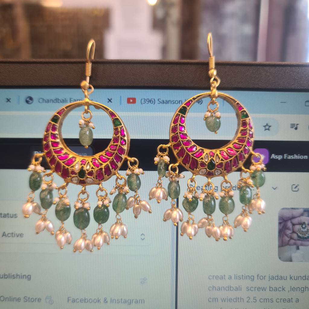 Jadau Kundan Chandbali Dangler Earrings | Ruby Pink & Emerald | Jade Pearl Drops | 8cm