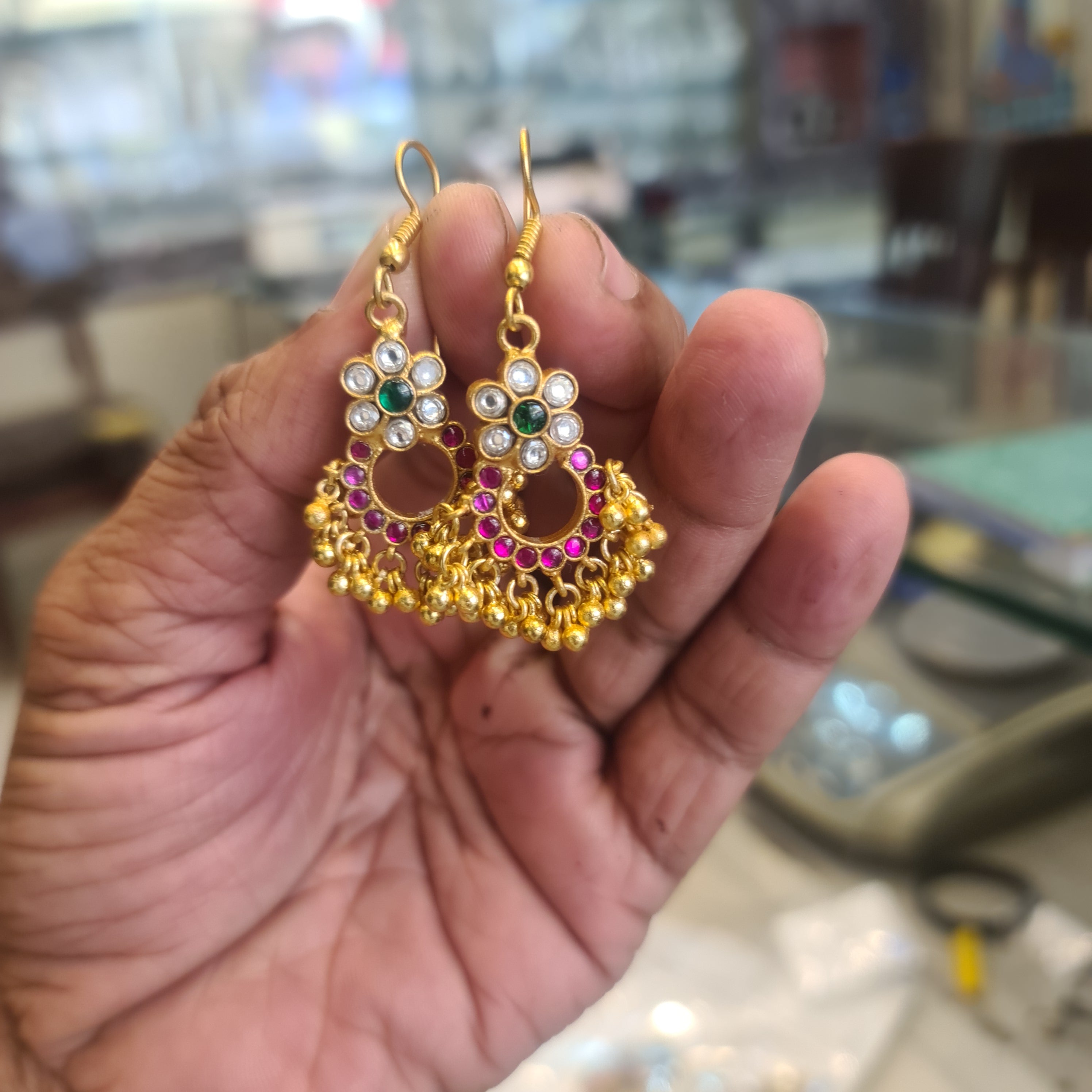 Jadau Kundan Flower Chandbali Dangler Earrings | Ruby Pink & Ghungroo Drops | 6cm