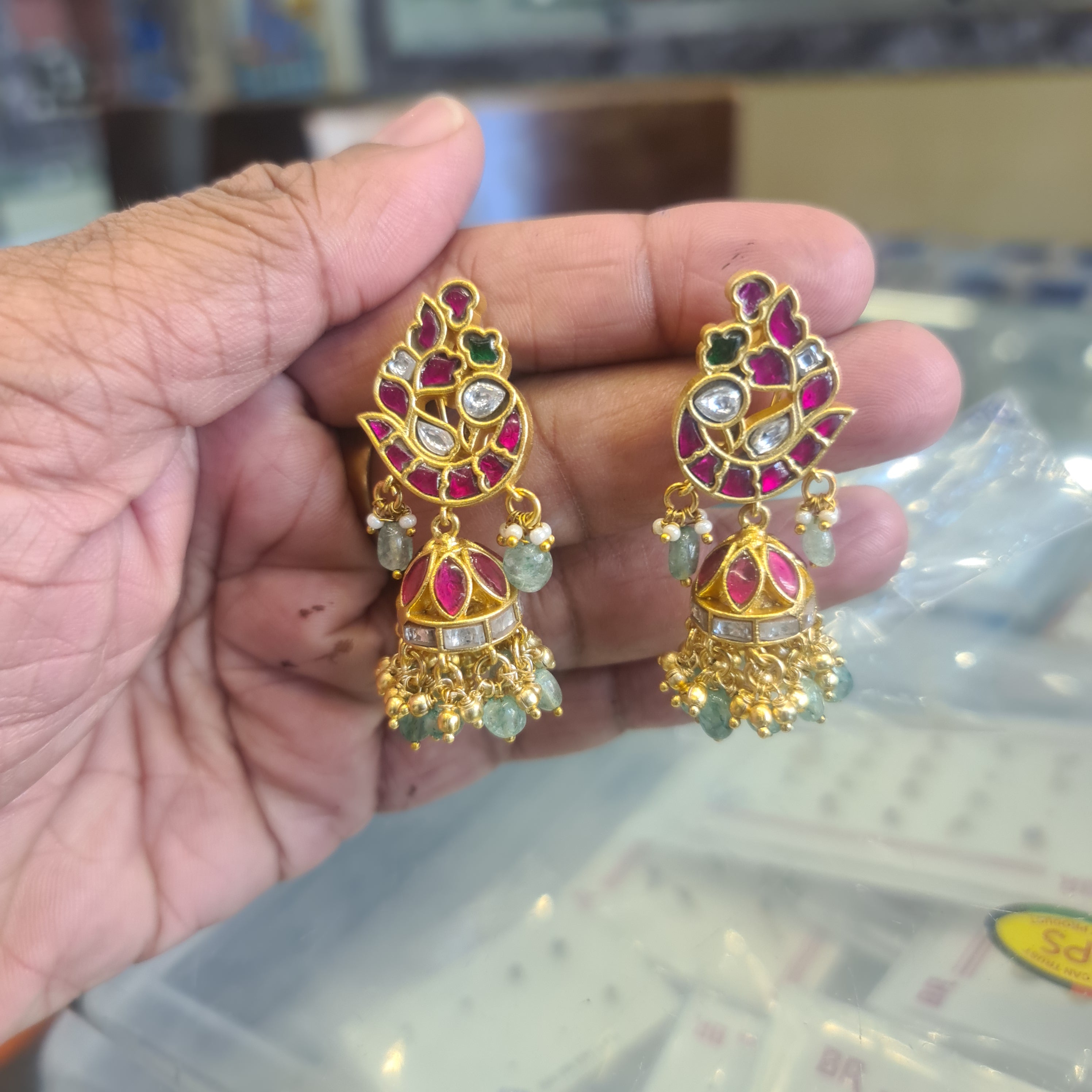 Jadau Kundan Jhumka Earrings | Ruby Pink & Emerald | Screw Back & Clip-On | 5cm