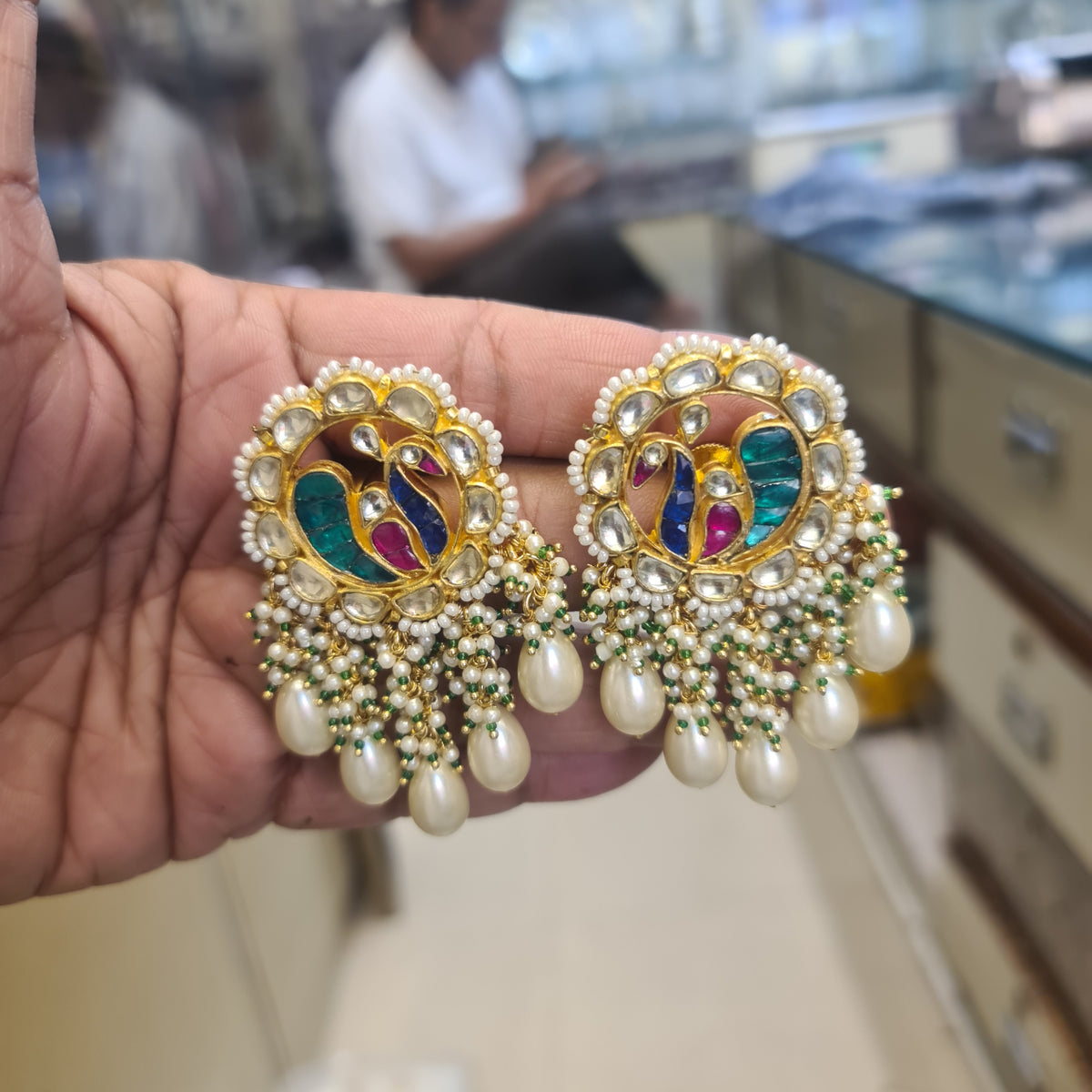 Jadau Kundan Peacock Earrings | Polki CZ | Teal Blue Enamel | Baroque Pearl Drops | 6.5cm