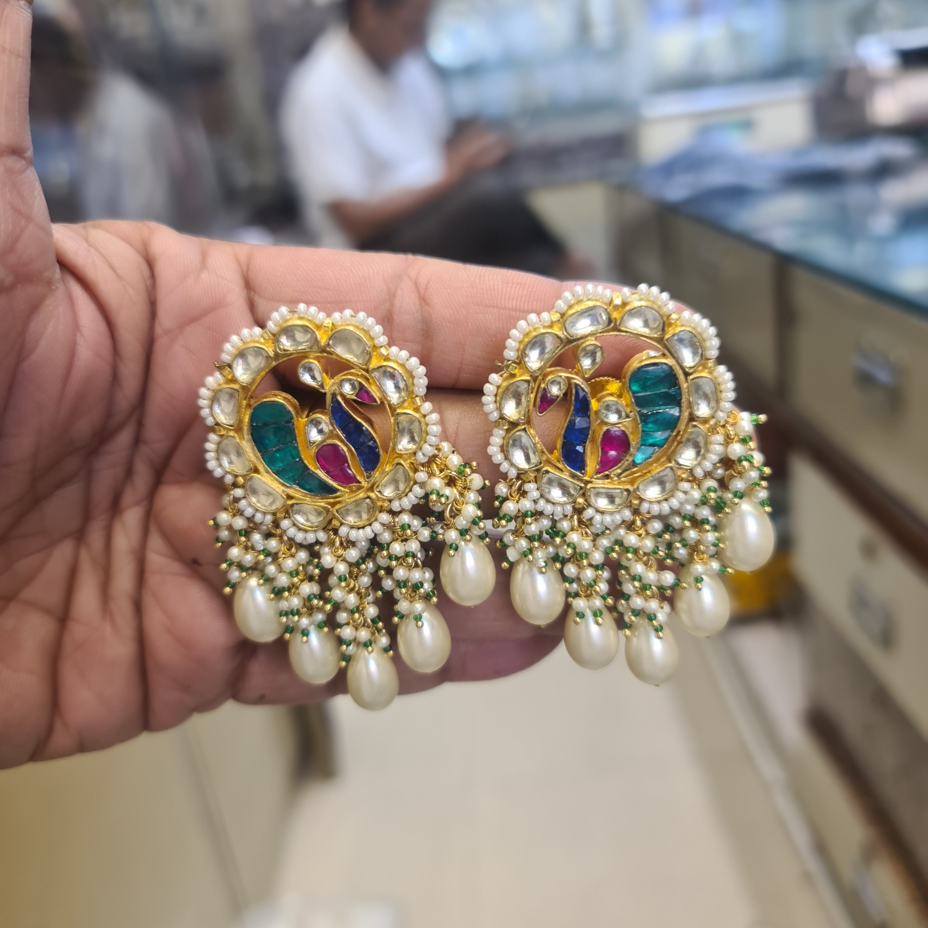 Jadau Kundan Peacock Earrings | Polki CZ | Teal Blue Enamel | Baroque Pearl Drops | 6.5cm