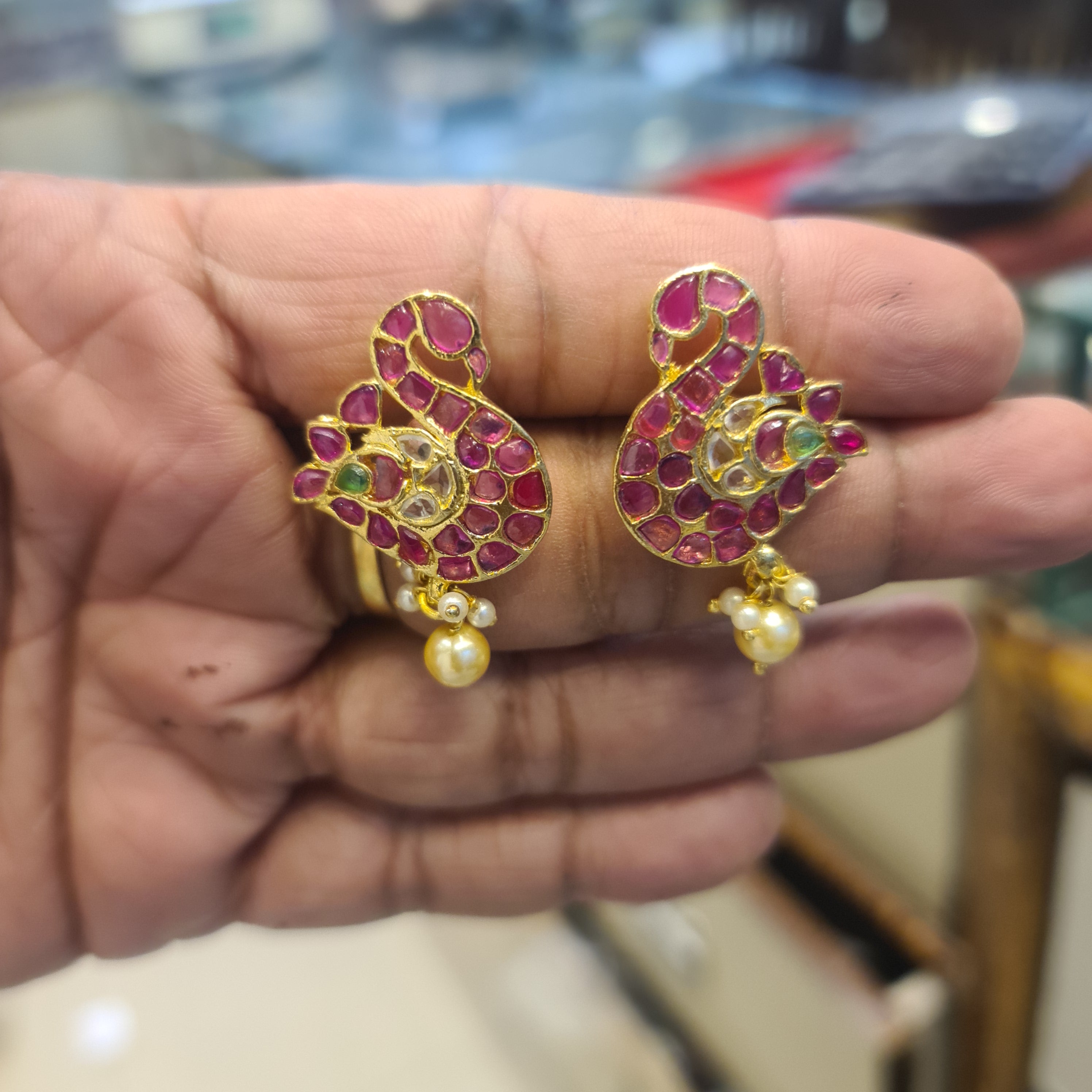 Handmade Kempu Duck Earrings | Hamsa Swan | Ruby Pink Kundan | Pearl Drops | Push Back | 4cm