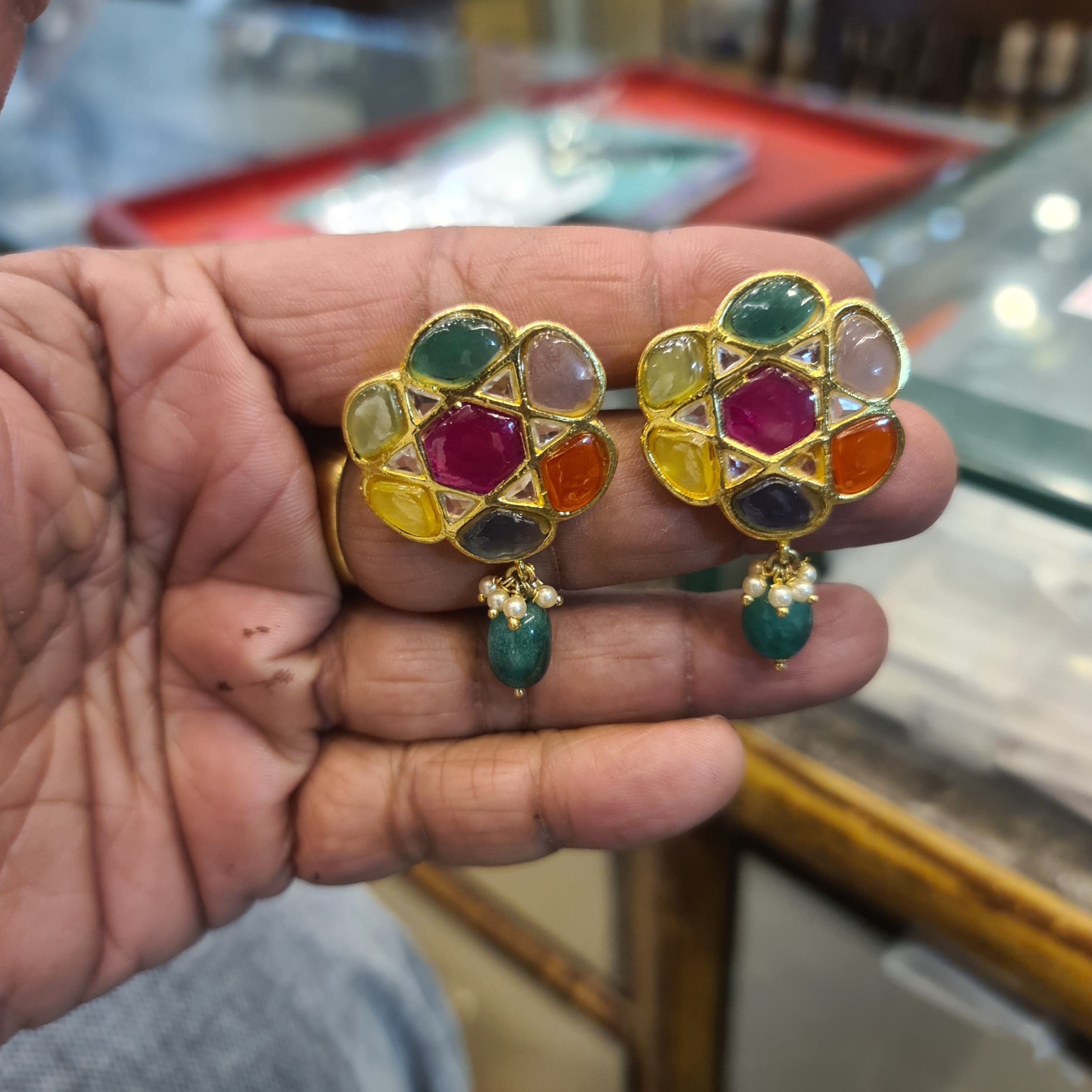 Handmade Navratna Jadau Kundan Earrings | 9 Sacred Gemstones | Jade Pearl Drops | Screw Back | 5cm