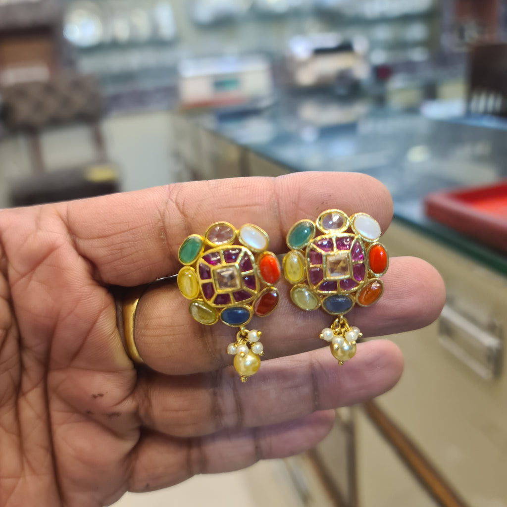 Handmade Navratna Jadau Kundan Square Stud Earrings | 9 Gemstones | Pearl Drops | Screw Back | 3.5cm
