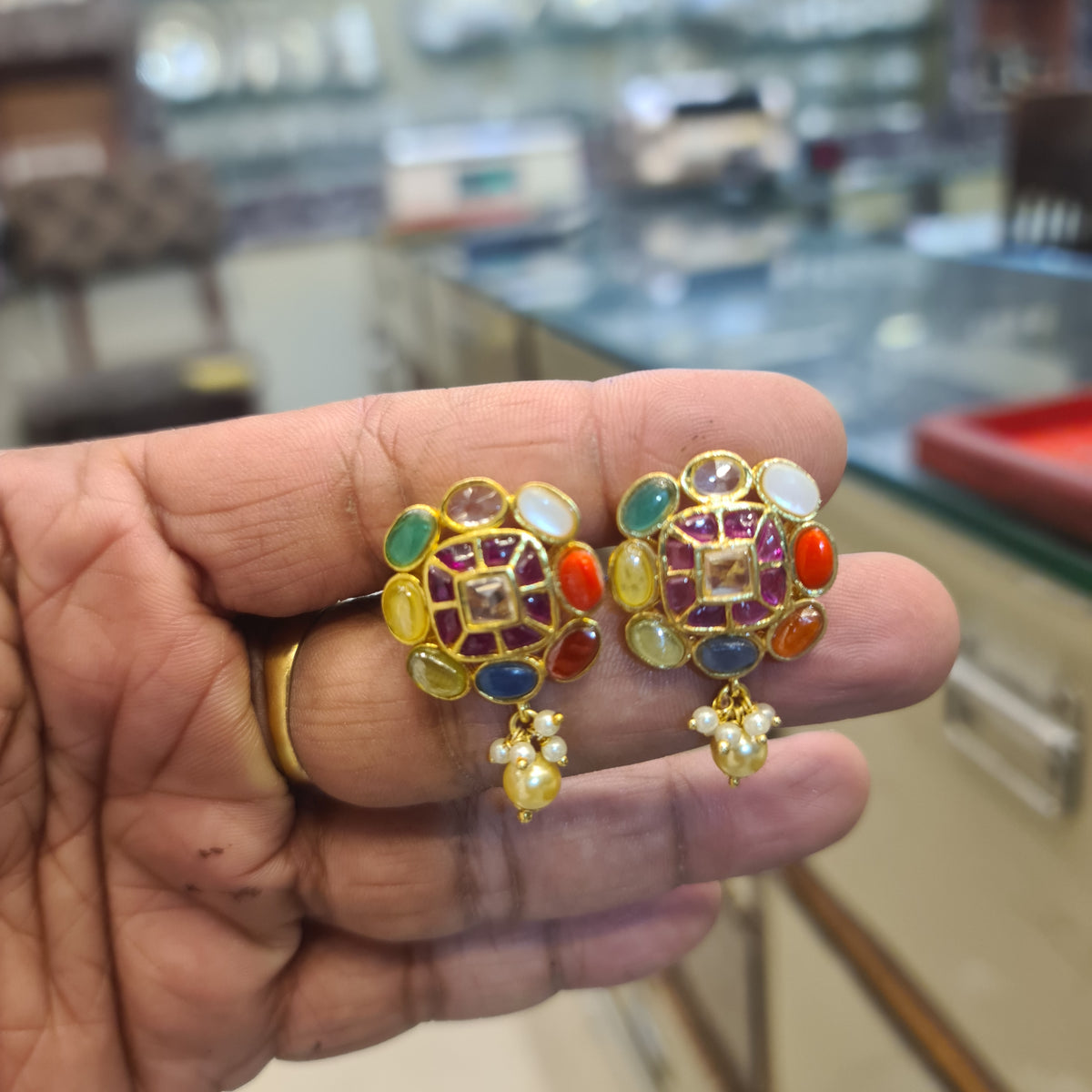 Handmade Navratna Jadau Kundan Square Stud Earrings | 9 Gemstones | Pearl Drops | Screw Back | 3.5cm
