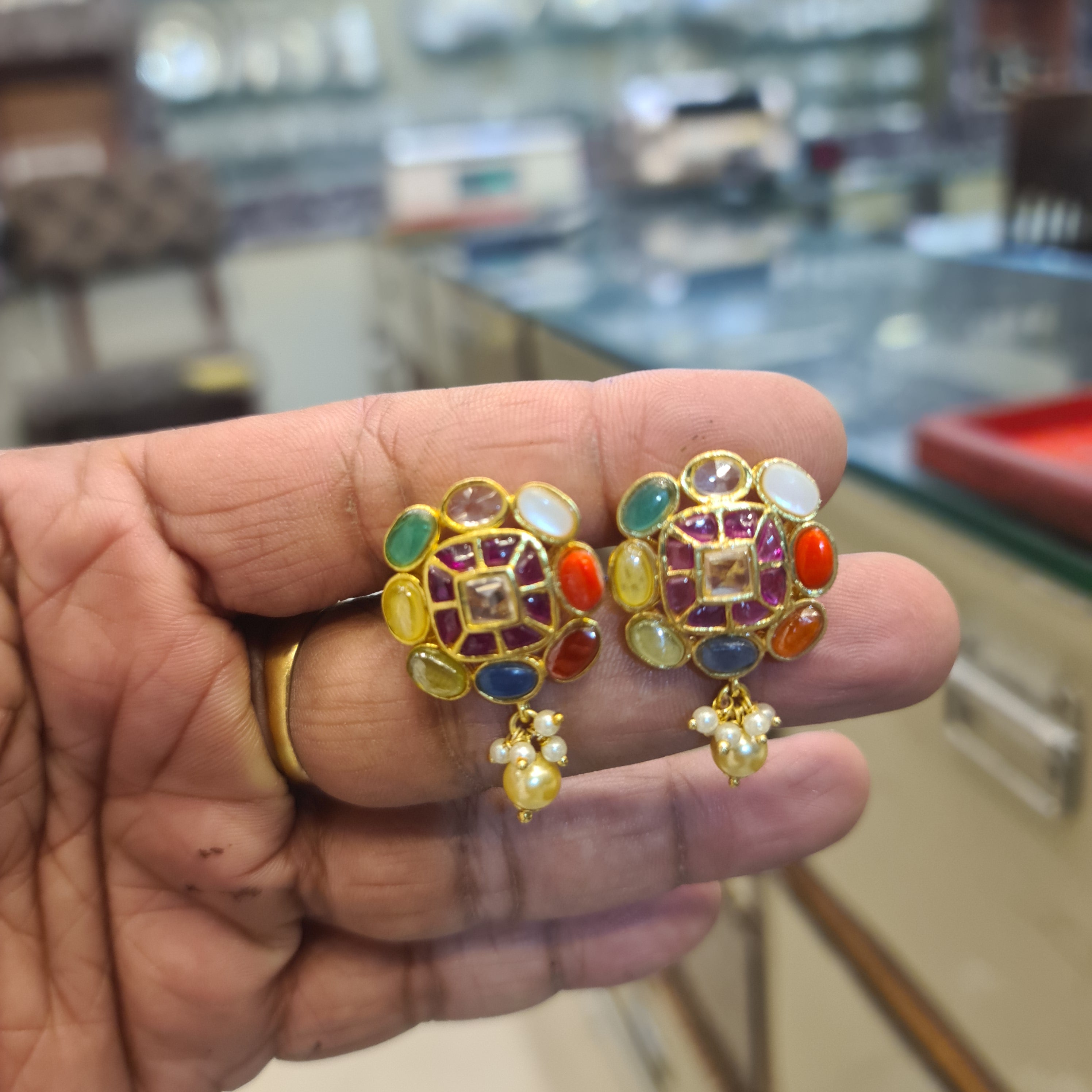 Handmade Navratna Jadau Kundan Square Stud Earrings | 9 Gemstones | Pearl Drops | Screw Back | 3.5cm