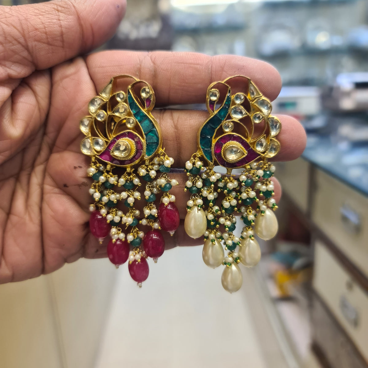 Jadau Kundan Peacock Earrings | Versatile 2-in-1 | Ruby Drops & Pearl Drops | Push Back Hook | 8cm