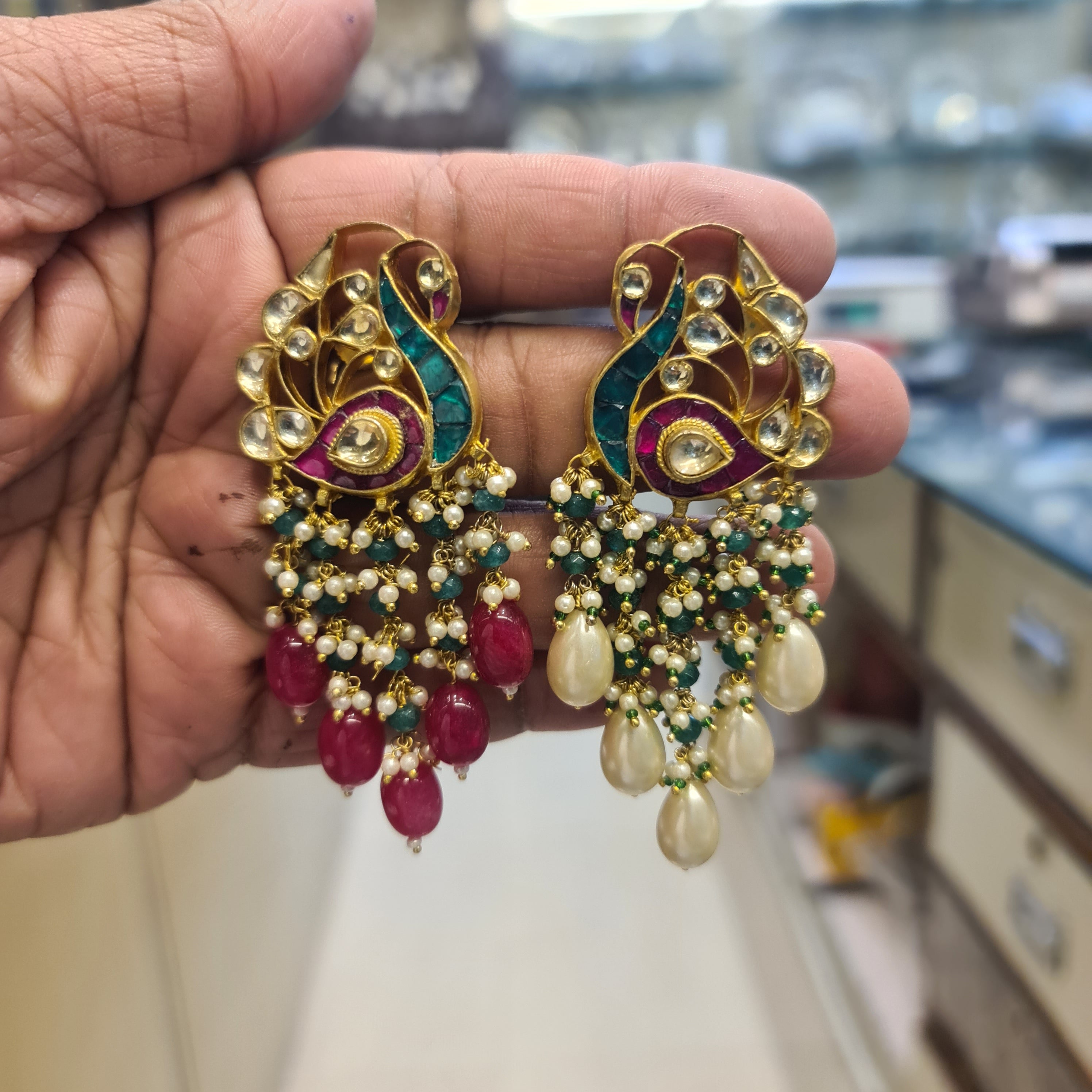 Jadau Kundan Peacock Earrings | Versatile 2-in-1 | Ruby Drops & Pearl Drops | Push Back Hook | 8cm