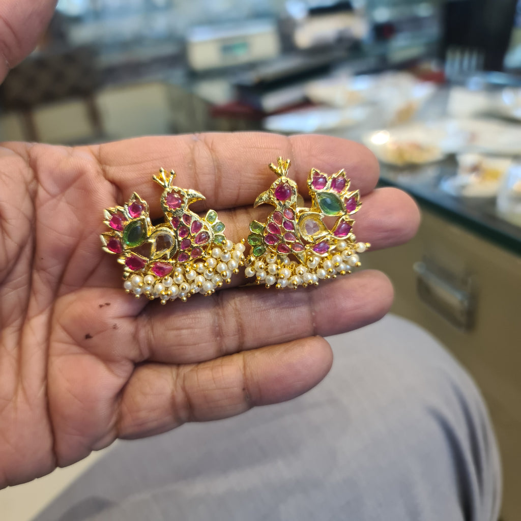 Handmade Kempu Peacock Duck Earrings with Pearl Drops