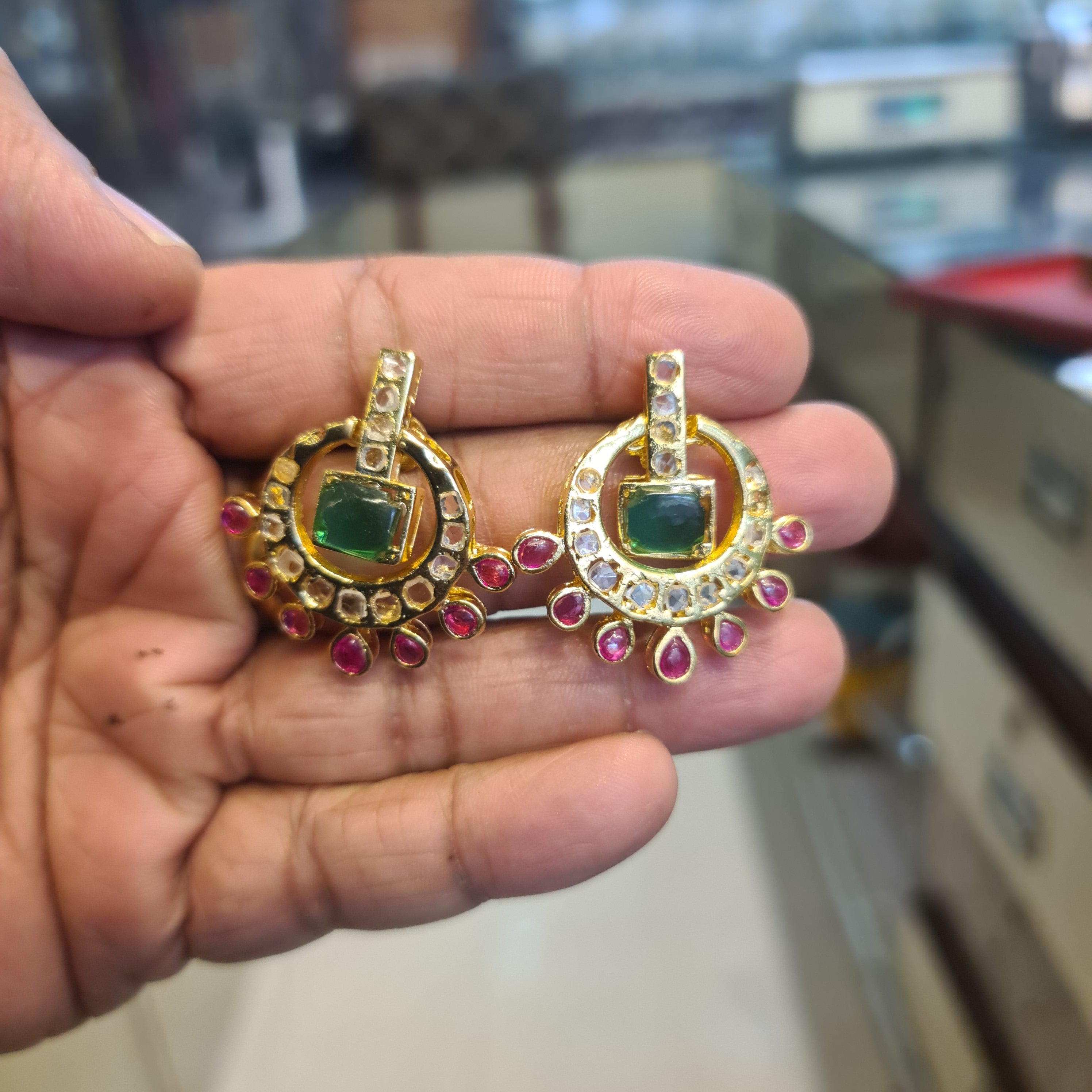 Handmade Kempu Emerald Chandbali Earrings with Polki Kundan