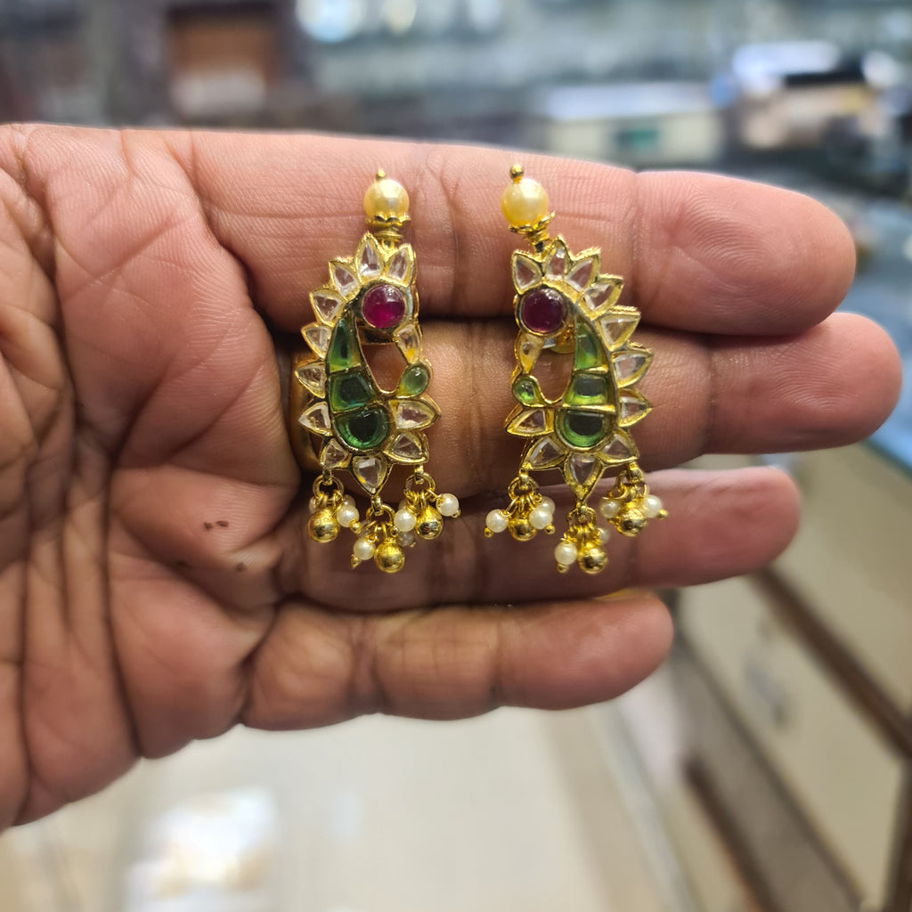 Handmade Peacock Polki Emerald Earrings with Pearl Drops | Screw Back