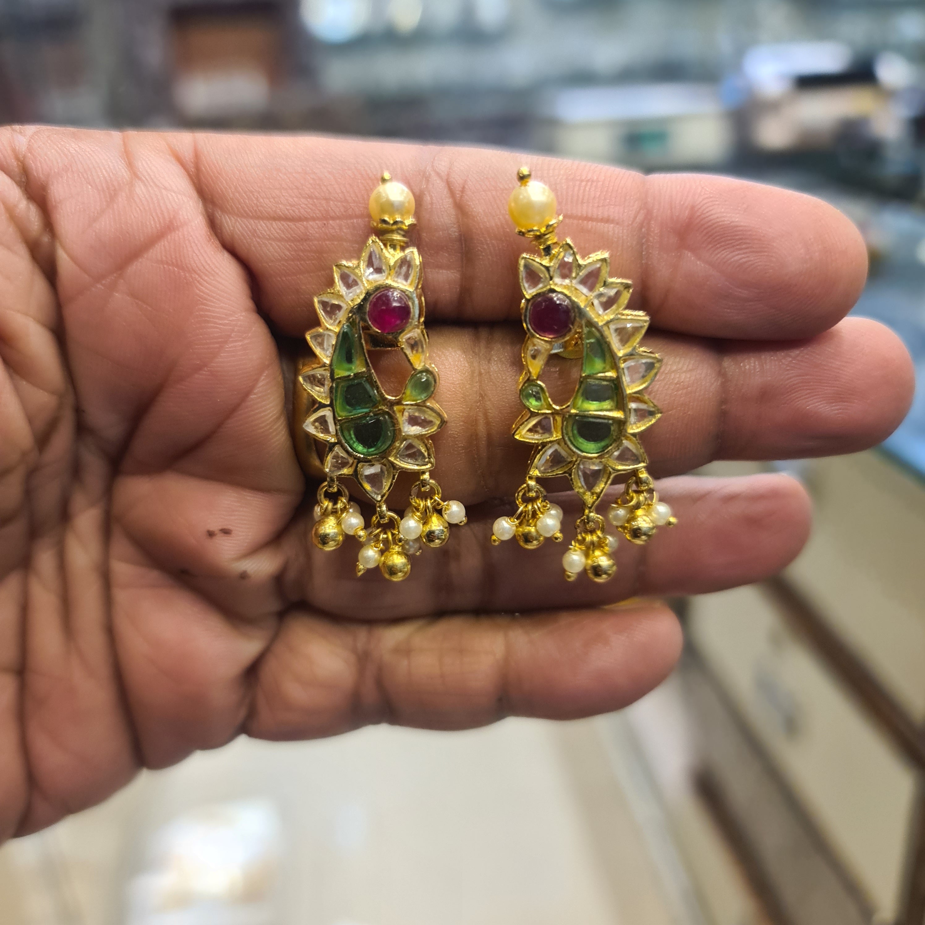 Handmade Peacock Polki Emerald Earrings with Pearl Drops | Screw Back