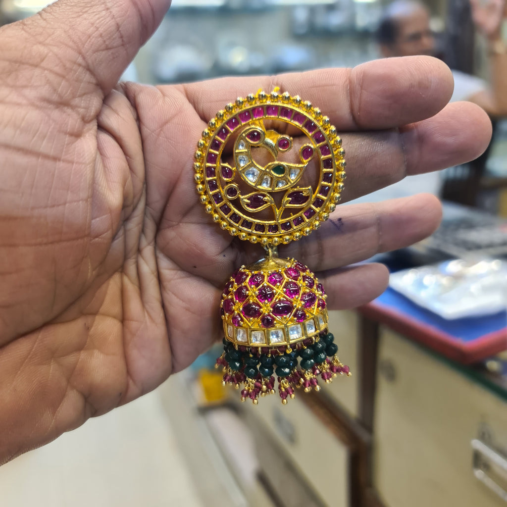Kempu Kundan Peacock Jhumka | Circular Disc Stud | Screw Back | Emerald & Ruby Drops