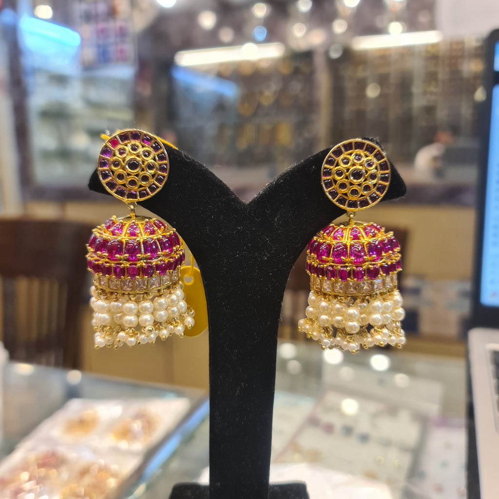 Kempu Polki Jhumka Earrings | Screw Back | Traditional Temple Jewellery