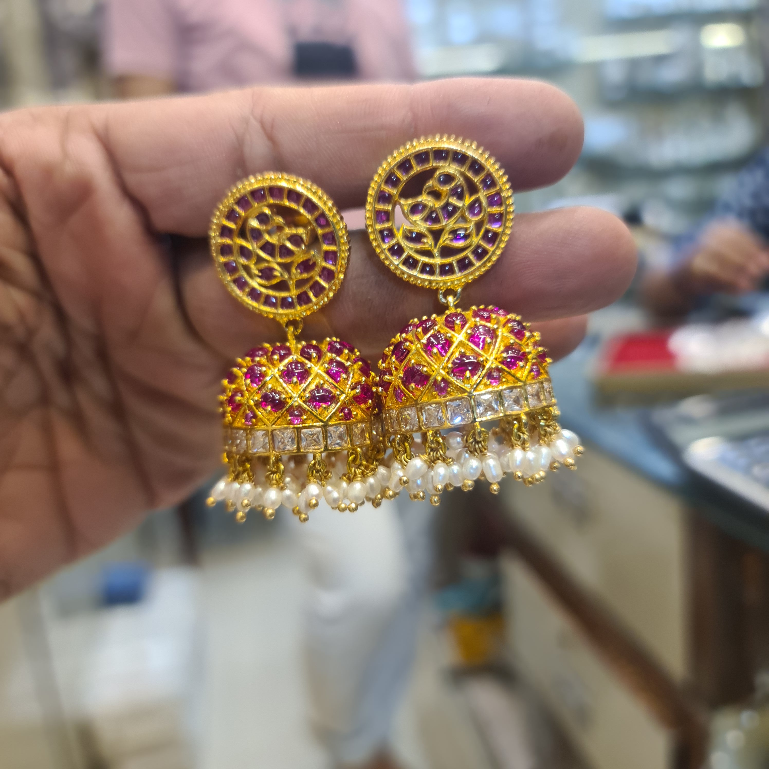 Kempu Polki Jhumka Earrings | Circular Stud | Screw Back | Pearl Drop | Temple Jewellery