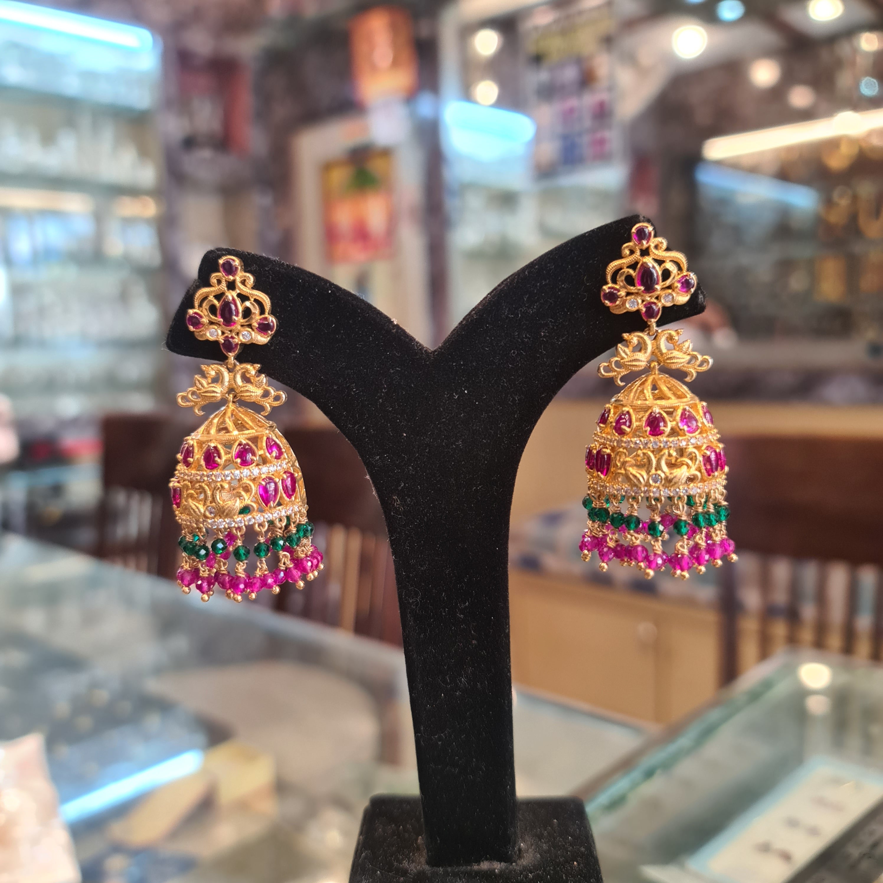 Kempu Polki Jhumka | Peacock Filigree | Push Back | Emerald & Ruby Drops | Temple Jewellery