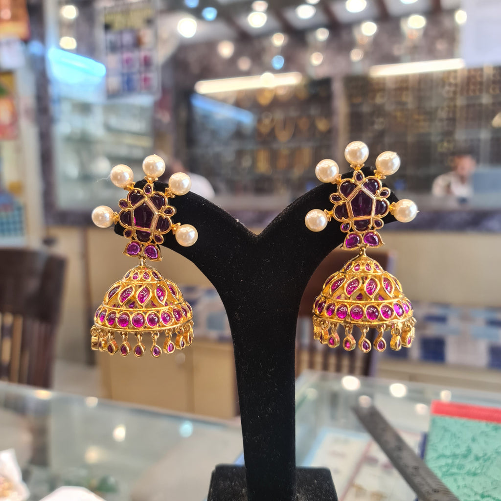 Kempu Polki Jhumka | Pearl Cross Stud | Screw Back | Ruby Drops | Temple Jewellery