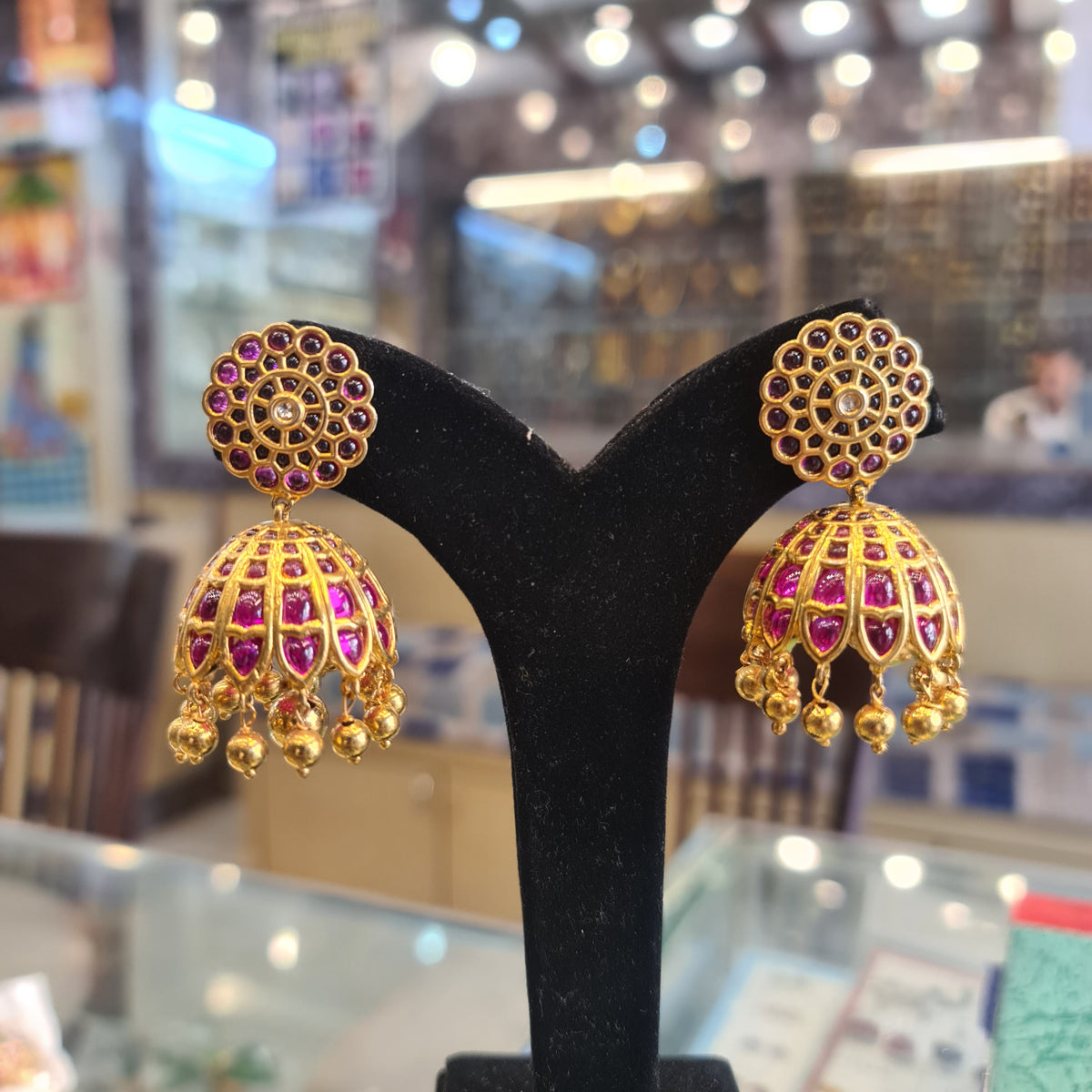 Kempu Polki Jhumka | Mandala Stud | Screw Back | Gold Ball Drops | Temple Jewellery