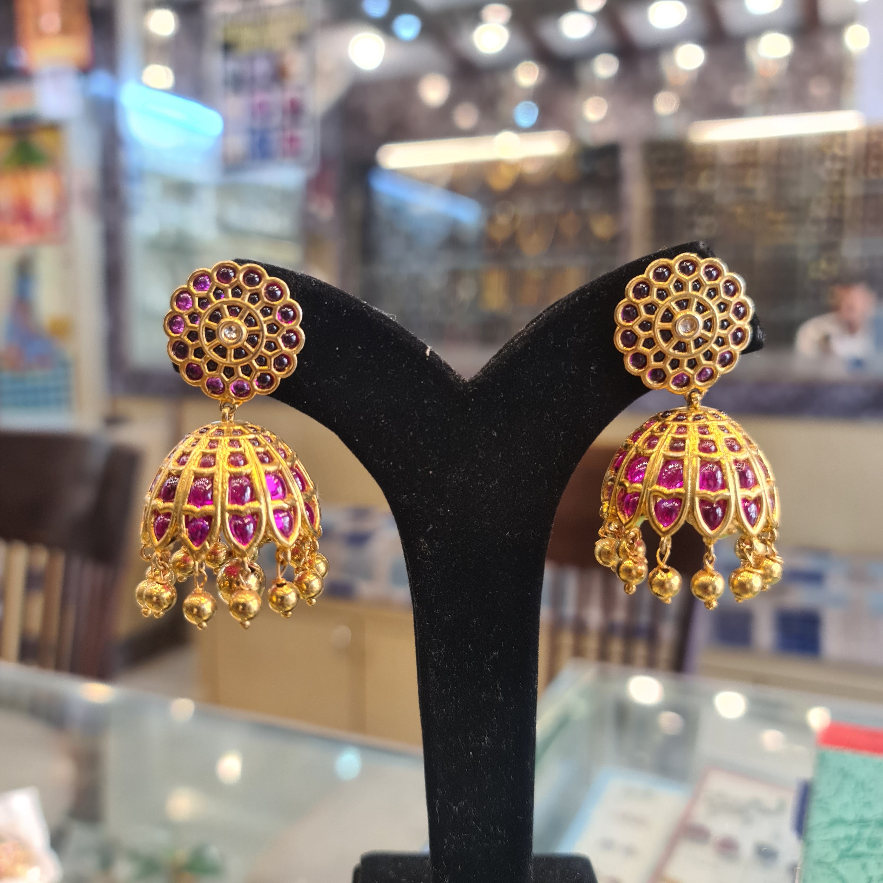 Kempu Polki Jhumka | Mandala Stud | Screw Back | Gold Ball Drops | Temple Jewellery