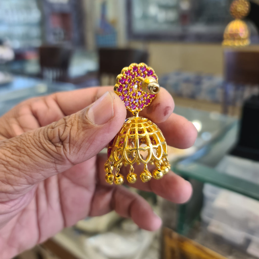 Kempu Polki Jhumka | Mandala Stud | Screw Back | Gold Ball Drops | Temple Jewellery