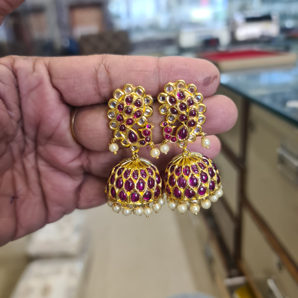 Kempu Polki Jhumka Earrings | Ruby Red Kundan with Pearl Drops | Screw Back