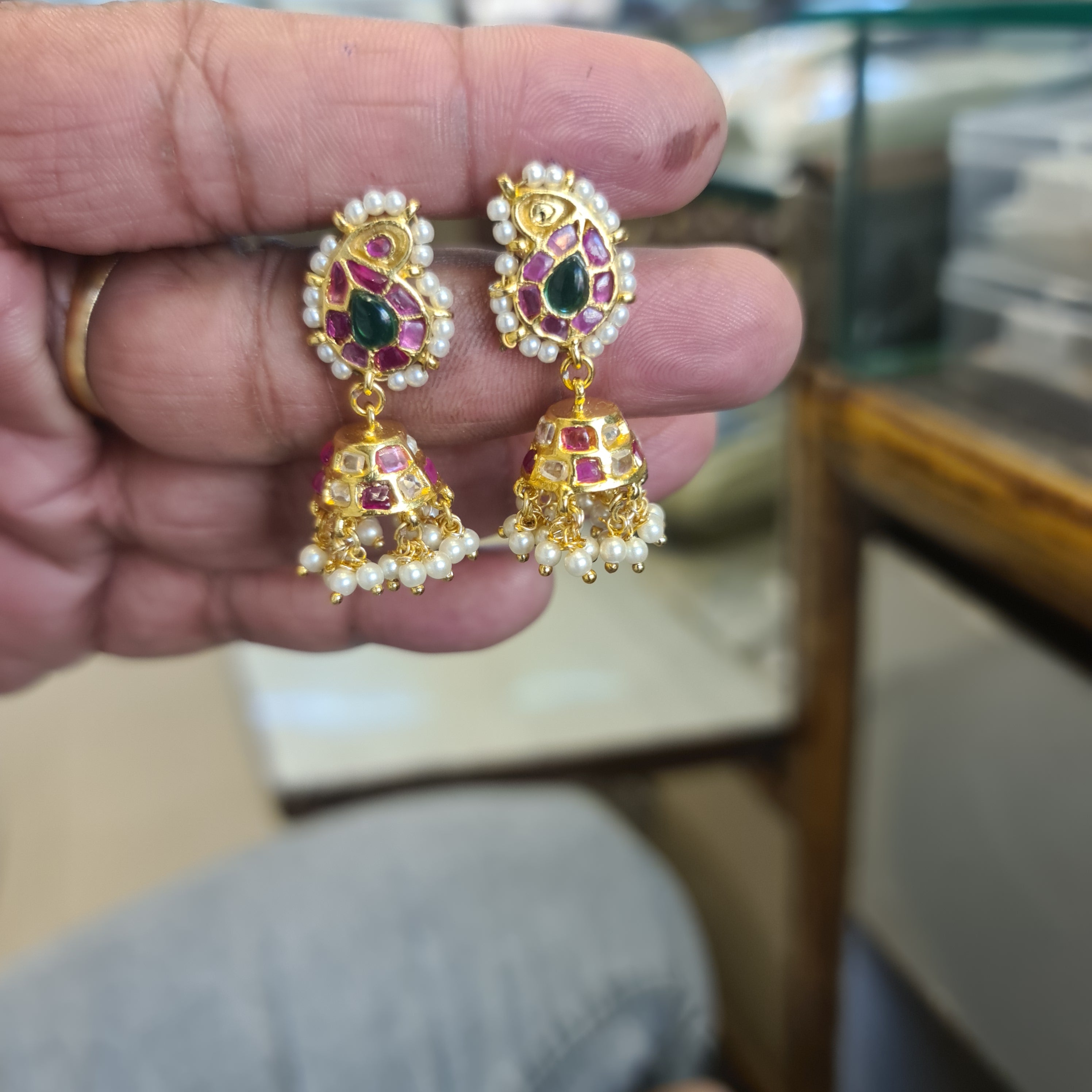 Small Kempu Polki Jhumki Earrings | Ruby, Emerald & Pearl Border Stud | Screw Back
