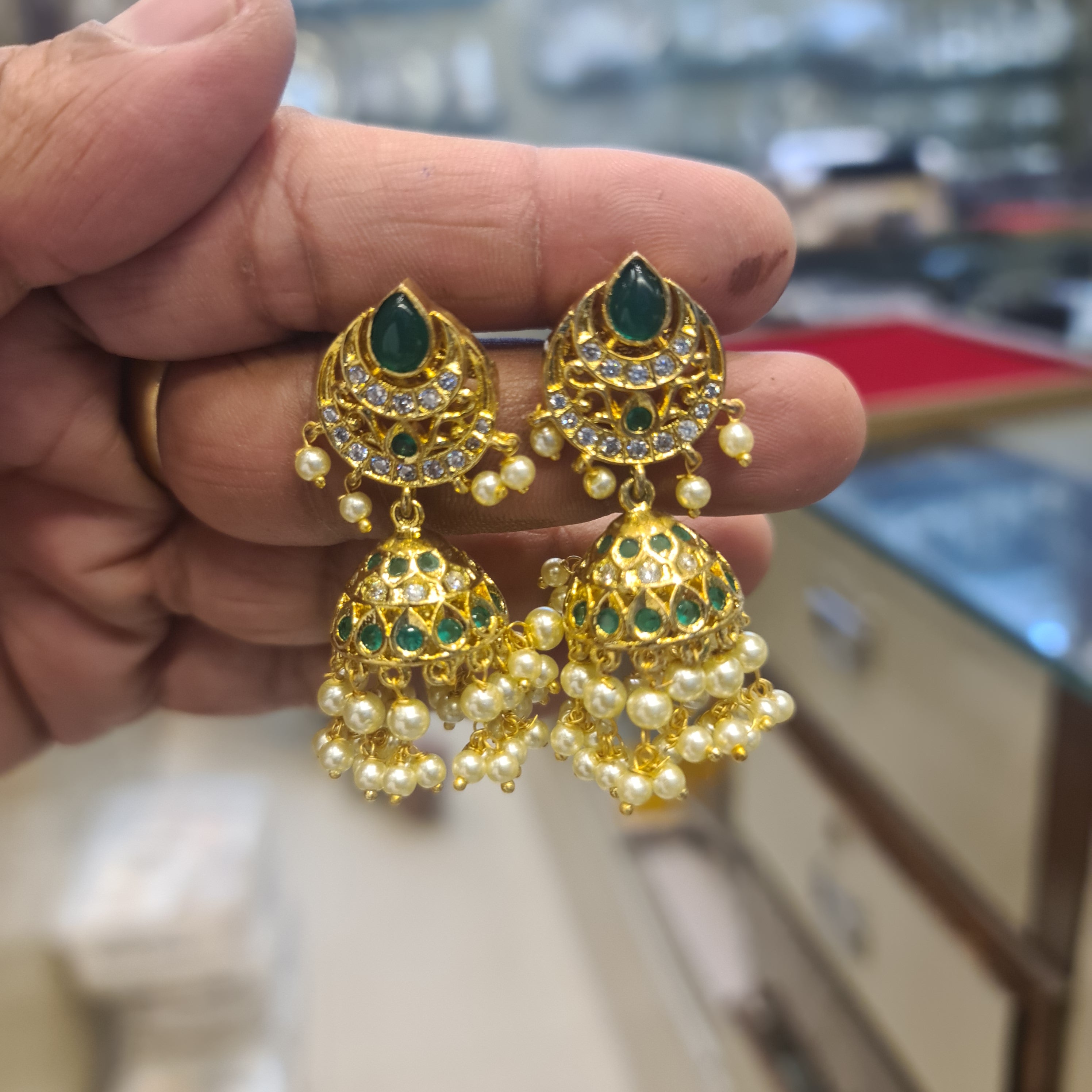 Chandbali Polki Jhumki Earrings | CZ Diamond Border | Pearl Fringe | 2 Colours