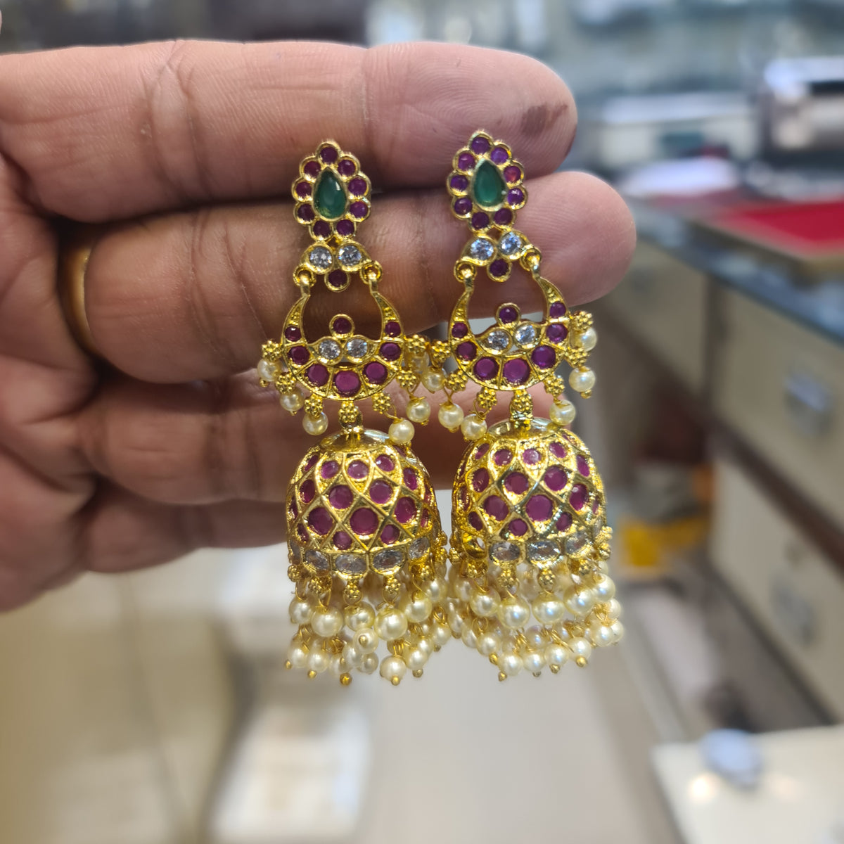 Chandbali Ruby Jhumka Earrings | 3-Tier Flower Stud Crescent | Pearl Fringe | Push Back