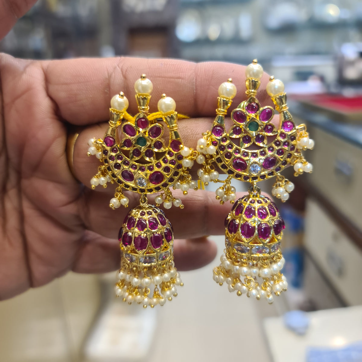 Grand Kempu Polki Chandbali Jhumka | Pearl-Tipped Spires | Ruby Dome | Push Back