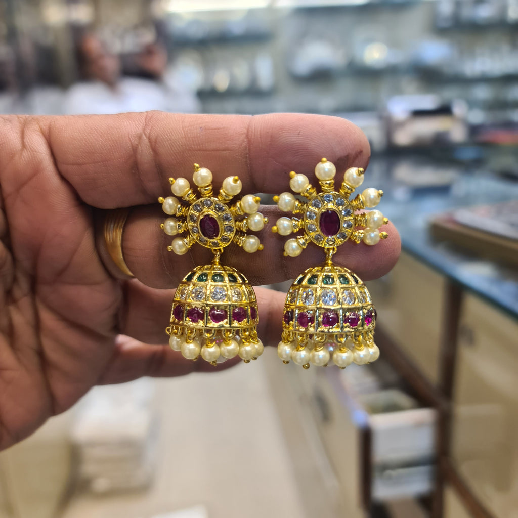 Kempu Chakra Sun Jhumka Earrings | Pearl-Tipped Spokes | Dome Jhumka | 4 Stone Variants