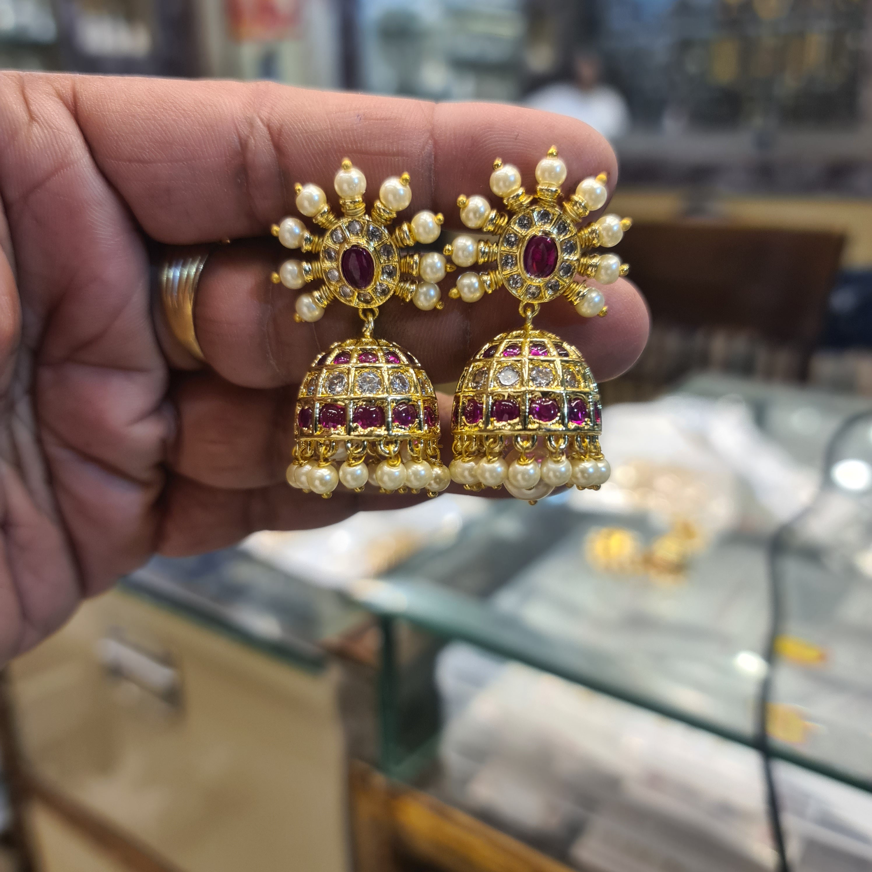 Kempu Chakra Sun Jhumka Earrings | Pearl-Tipped Spokes | Dome Jhumka | 4 Stone Variants