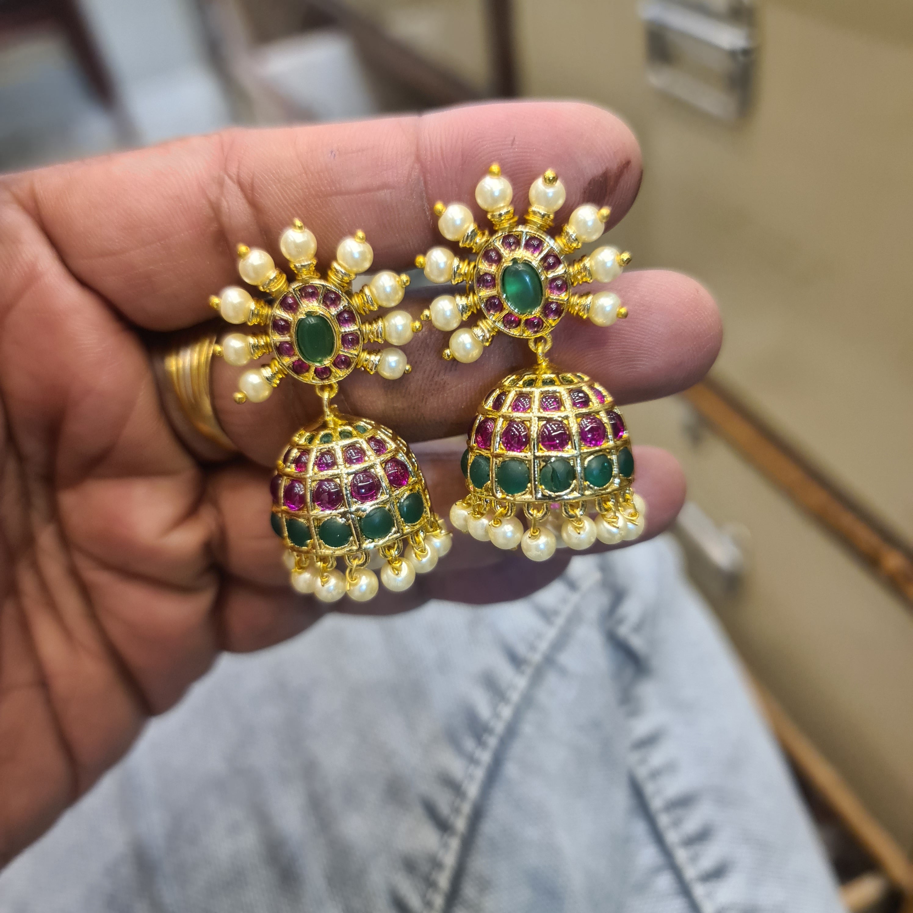 Kempu Chakra Sun Jhumka Earrings | Pearl-Tipped Spokes | Dome Jhumka | 4 Stone Variants