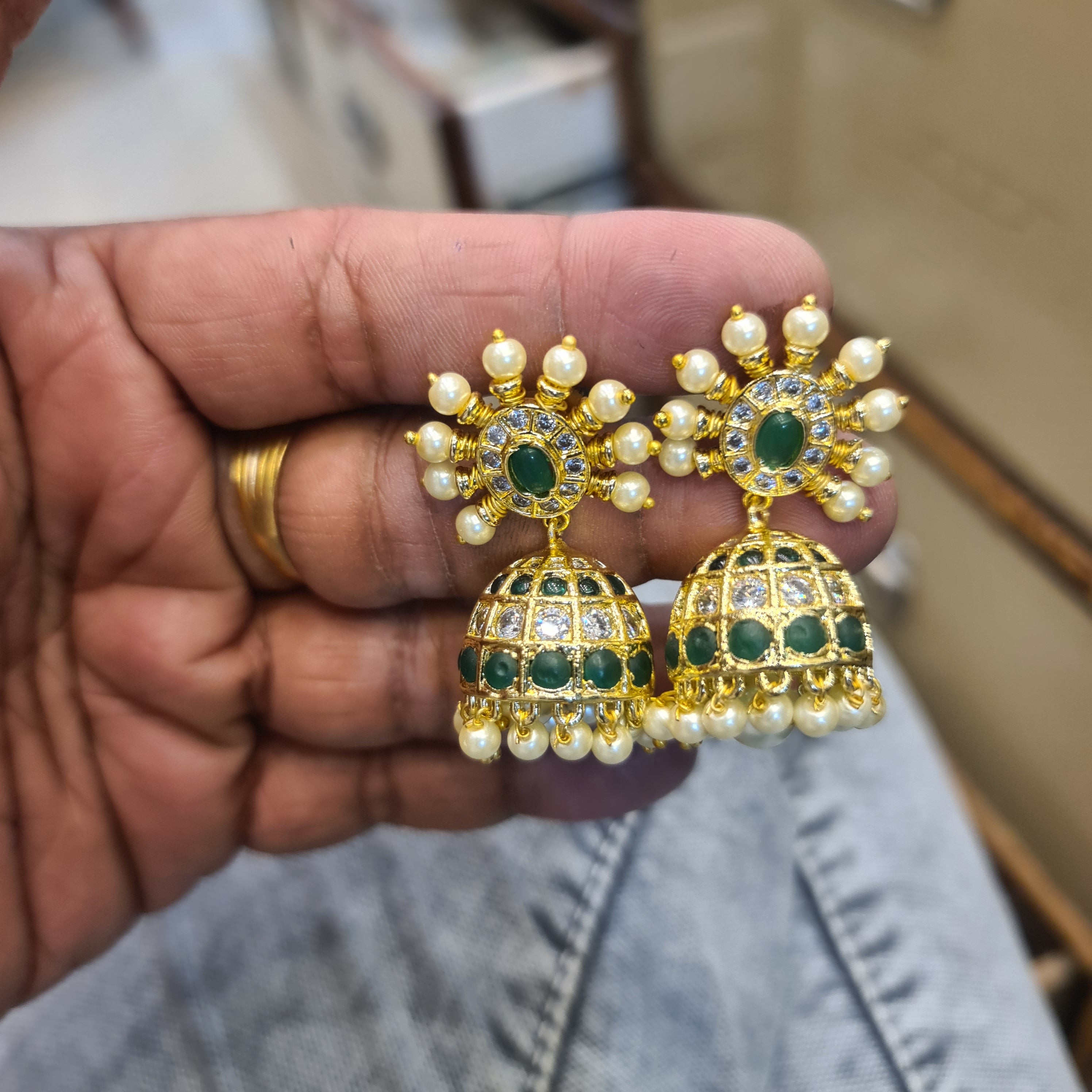 Kempu Chakra Sun Jhumka Earrings | Pearl-Tipped Spokes | Dome Jhumka | 4 Stone Variants