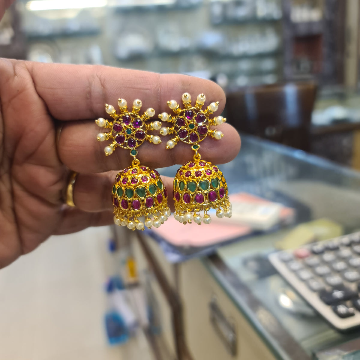 American Diamond Kempu Jhumka Earrings | Sunburst Pearl Stud | Gold-Plated Temple Jewellery