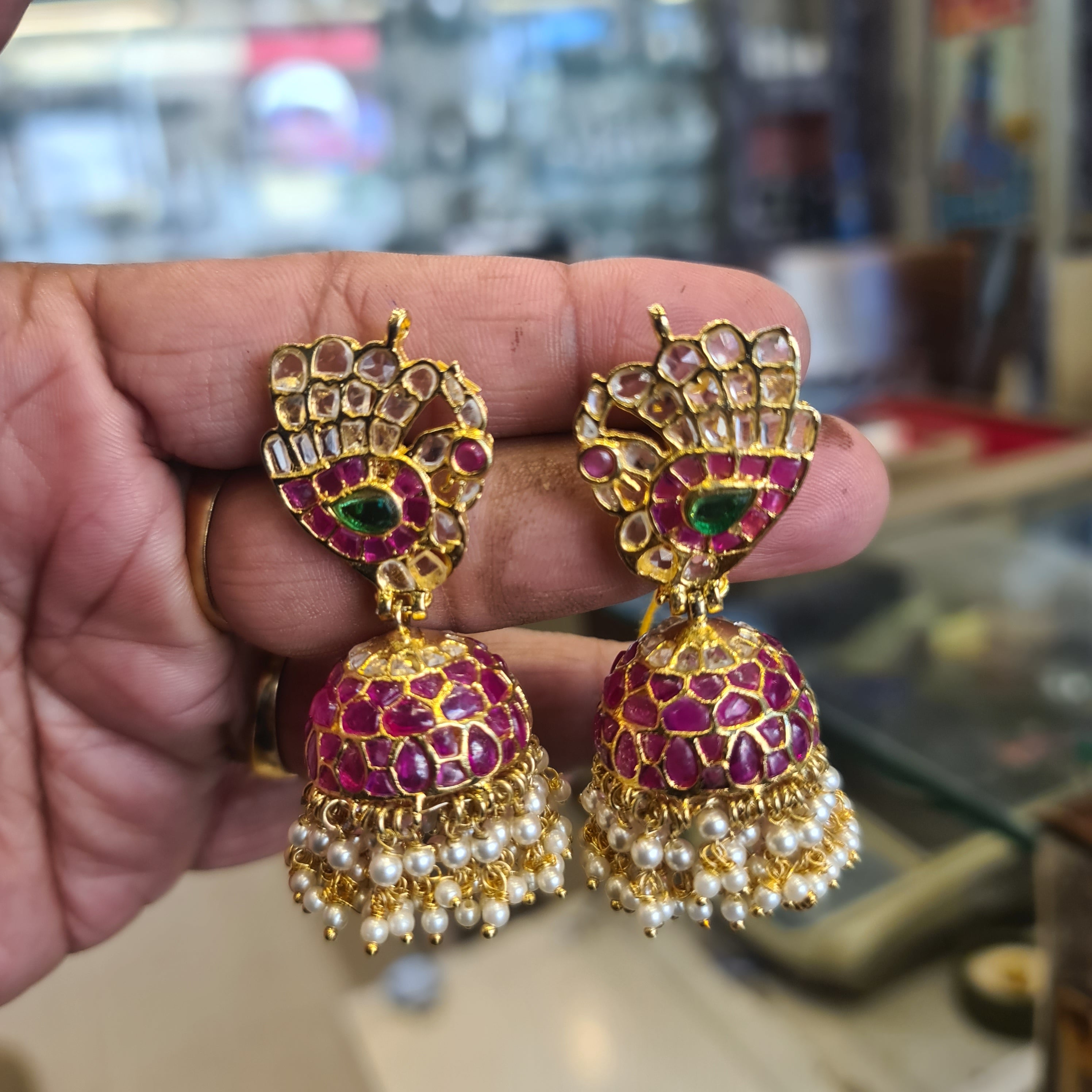 Peacock Fan Kempu Kundan Jhumka Temple Earrings