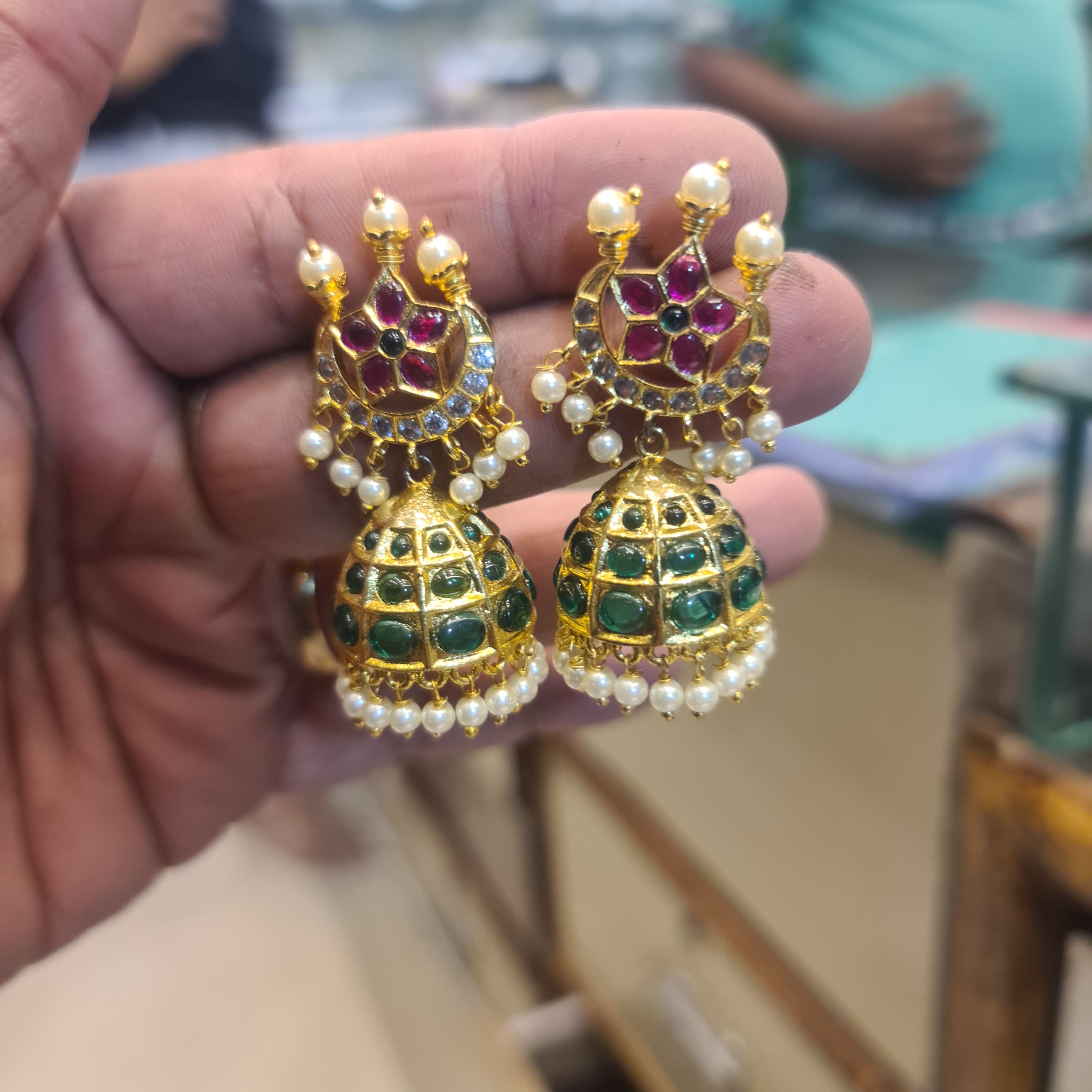 Kempu Emerald Dome Jhumka with Pearl Crown | Temple Earrings