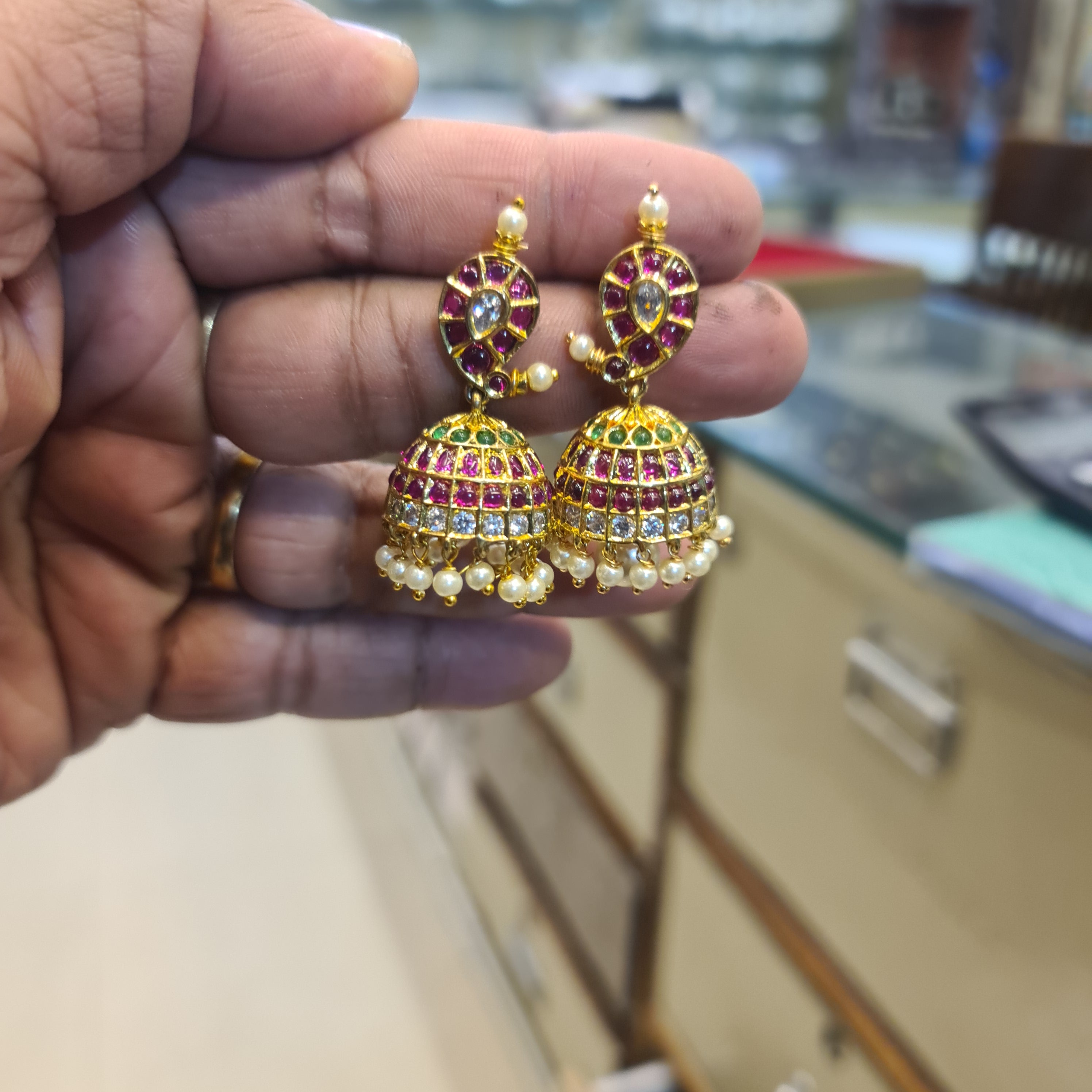 Kempu Emerald CZ Jhumka with Pearl Drops | Temple Earrings