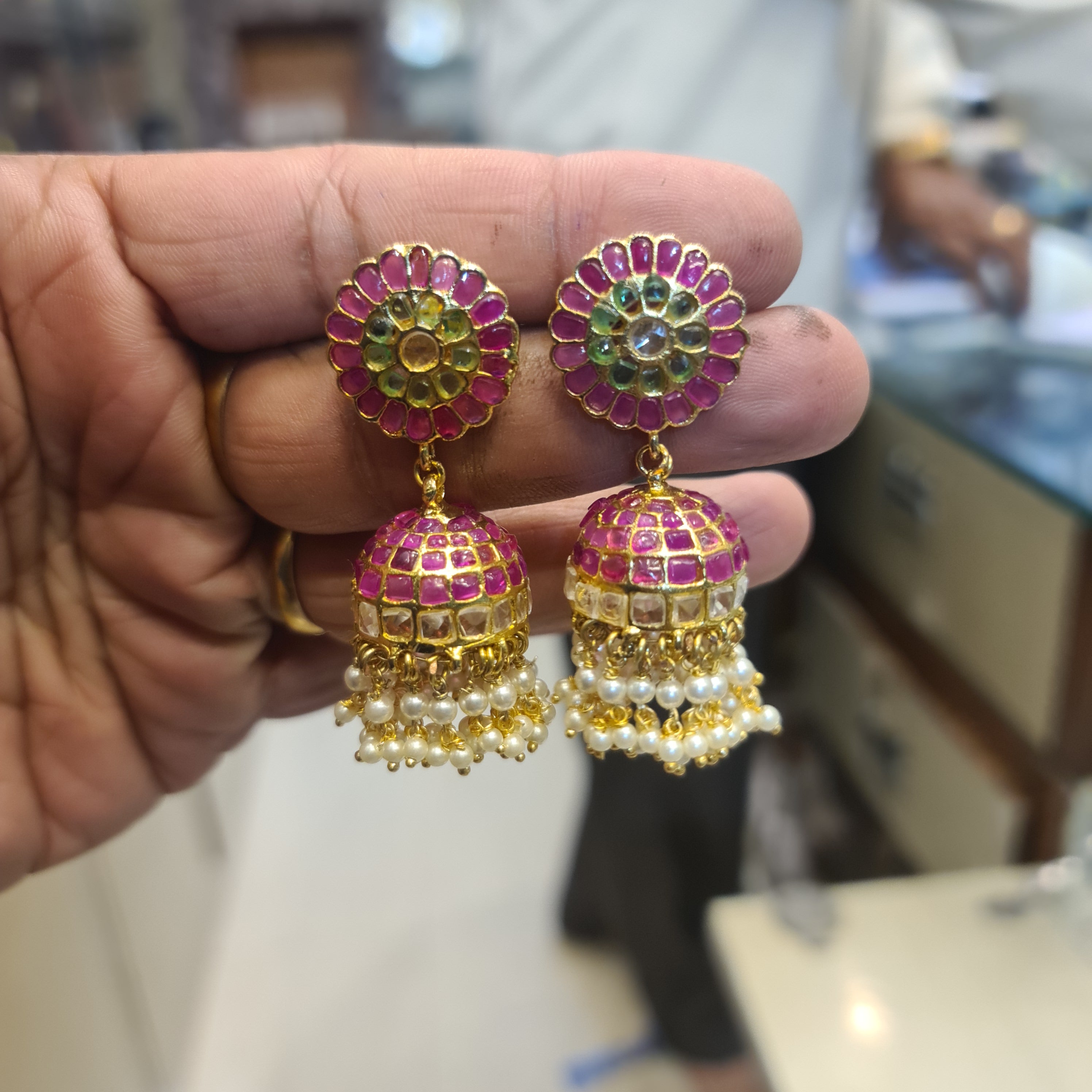 Pink Kempu Flower Stud Kundan Jhumka with Pearl Drops | Temple Earrings