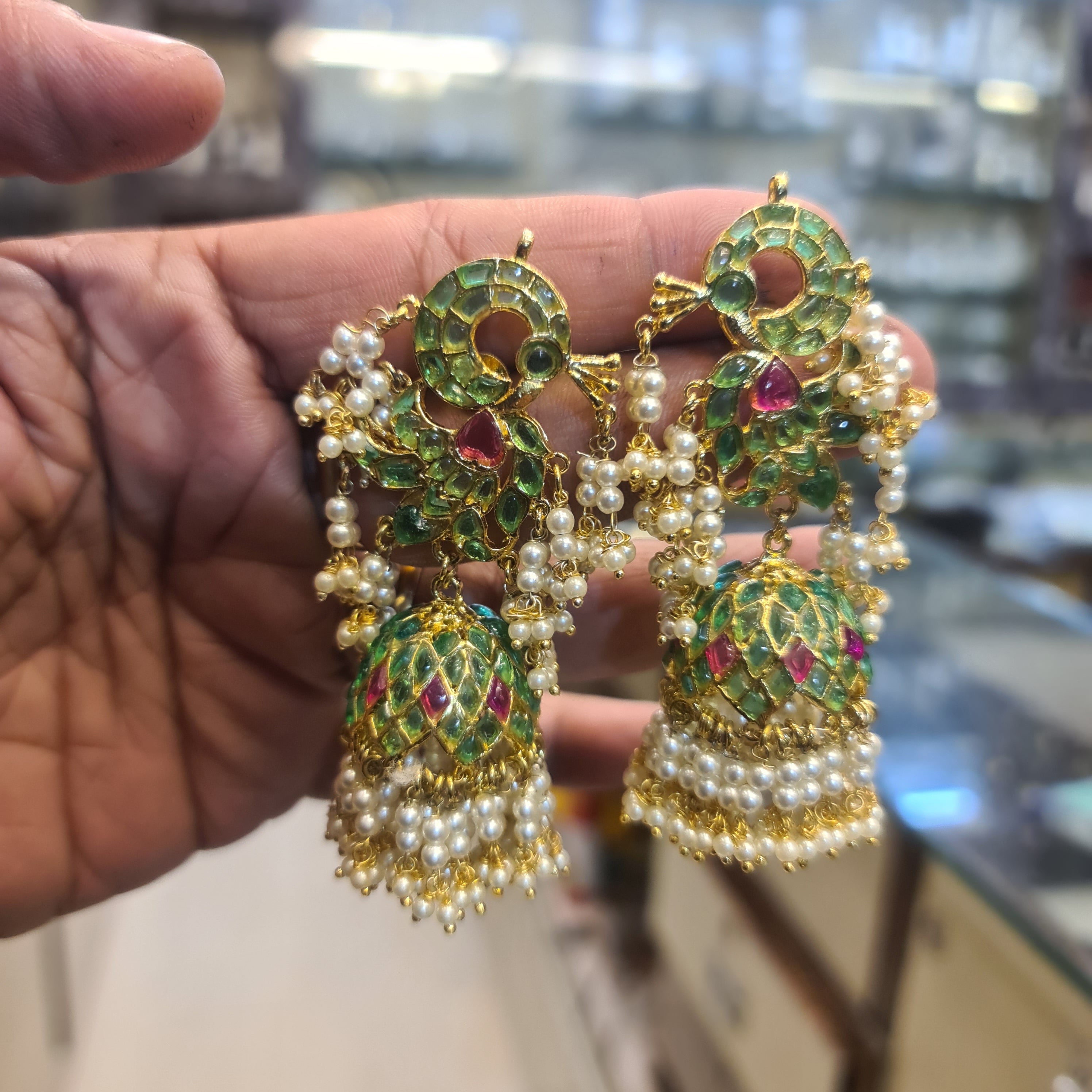 Peacock Kundan Jhumka Earrings with Pearl Drops | Temple Jewellery